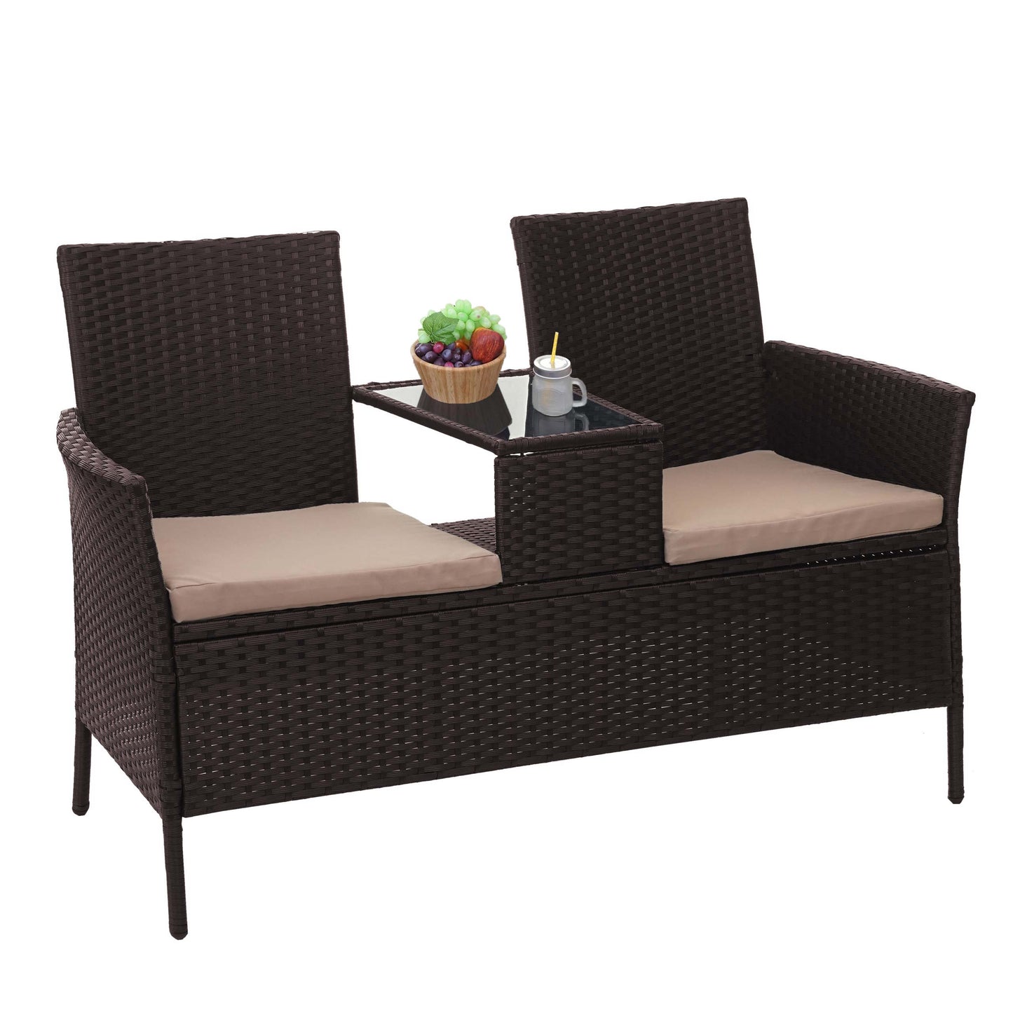 Poly-rattan bank met tafel MCW-E24, tuinbank zitgroep tuinbank, 132cm ~ bruin, kussens crème