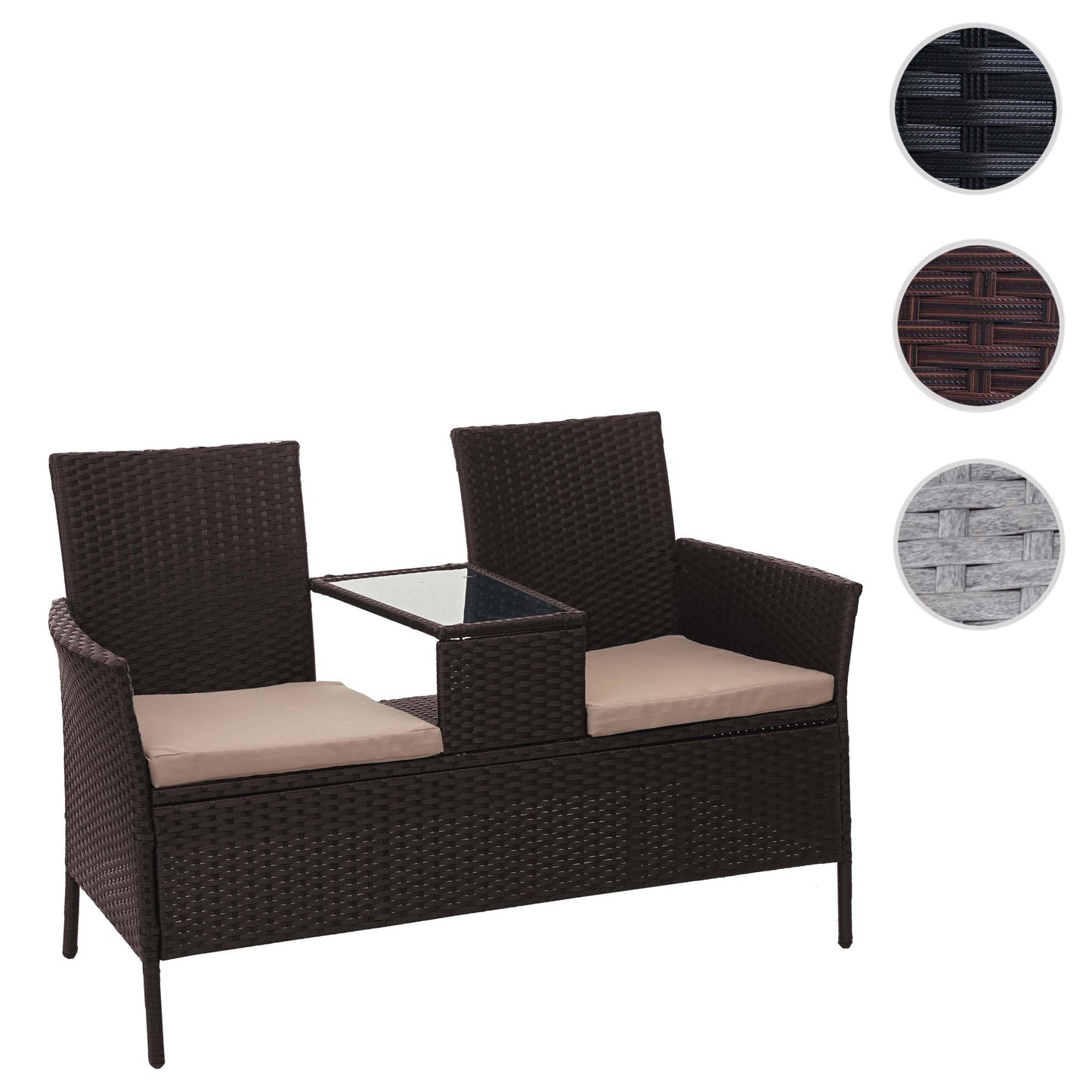 Poly-rattan bank met tafel MCW-E24, tuinbank zitgroep tuinbank, 132cm ~ bruin, kussens crème