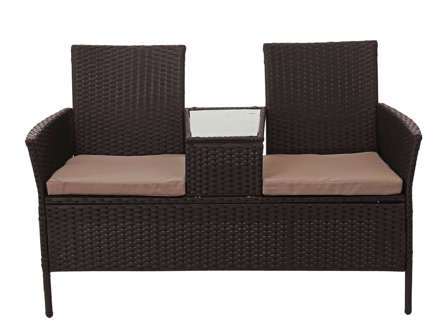 Poly-rattan bank met tafel MCW-E24, tuinbank zitgroep tuinbank, 132cm ~ bruin, kussens crème