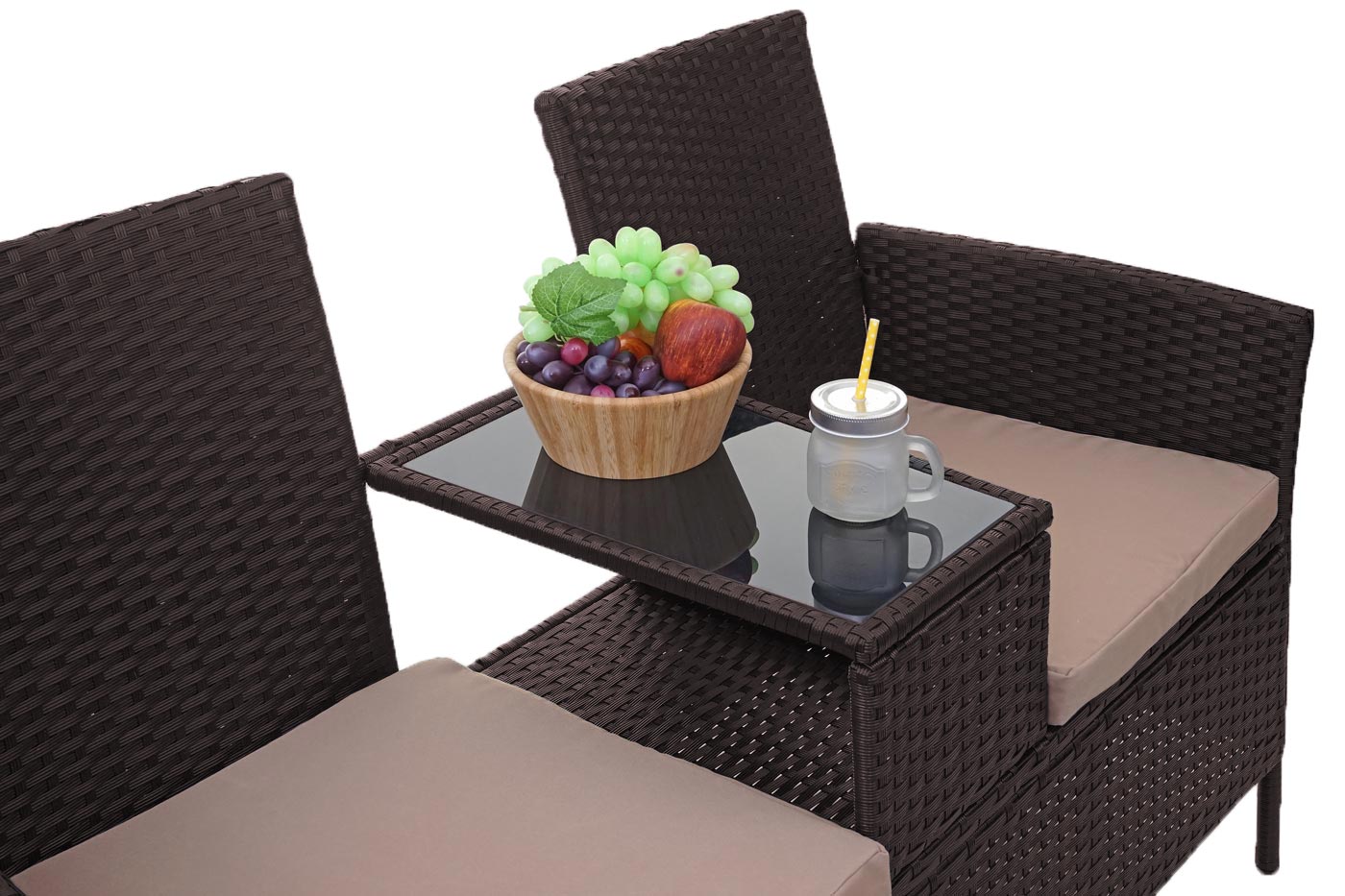 Poly-rattan bank met tafel MCW-E24, tuinbank zitgroep tuinbank, 132cm ~ bruin, kussens crème