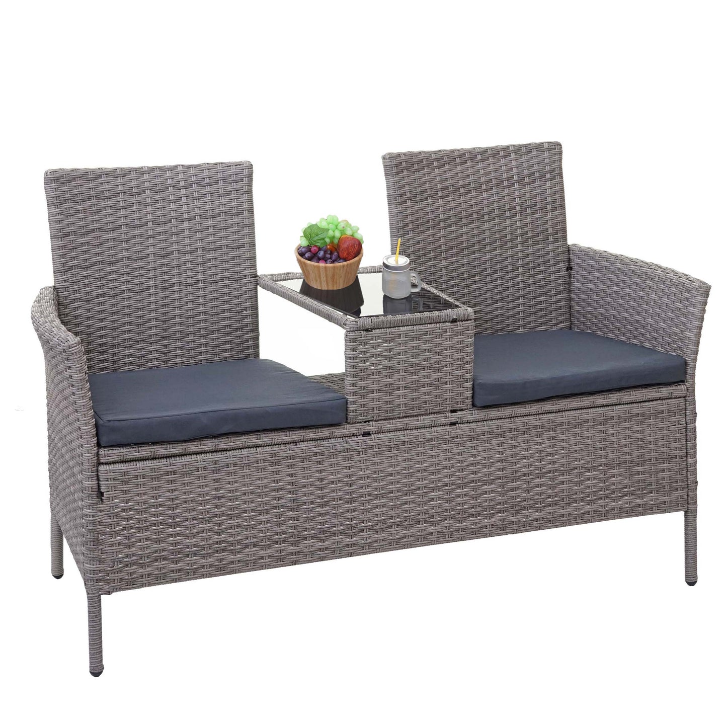 Poly-rattan bank met tafel MCW-E24, tuinbank zitgroep tuinbank, 132cm ~ grijs, donkergrijze kussens