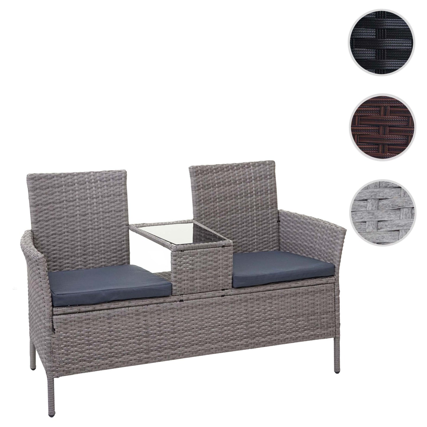 Poly-rattan bank met tafel MCW-E24, tuinbank zitgroep tuinbank, 132cm ~ grijs, donkergrijze kussens
