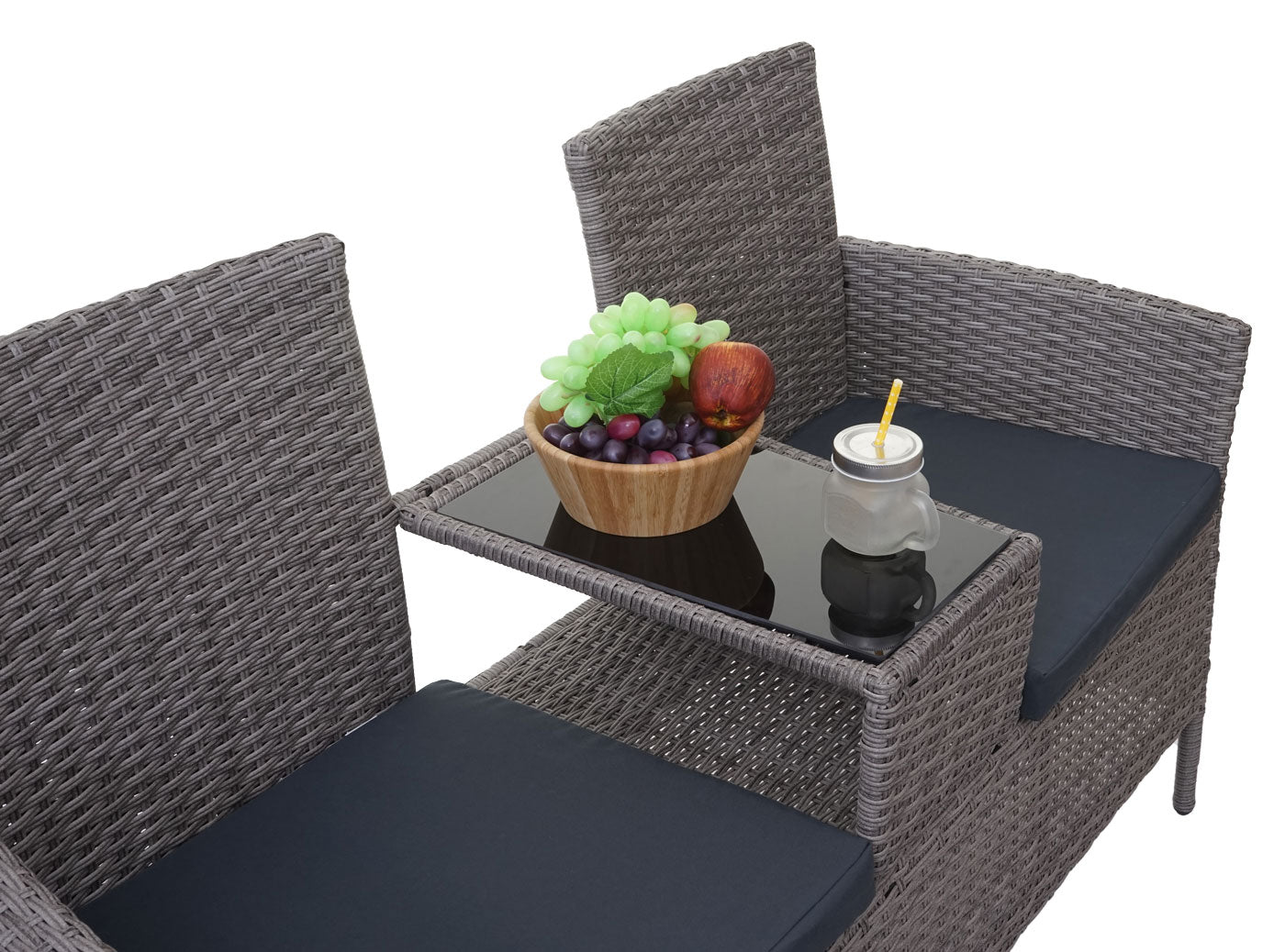 Poly-rattan bank met tafel MCW-E24, tuinbank zitgroep tuinbank, 132cm ~ grijs, donkergrijze kussens