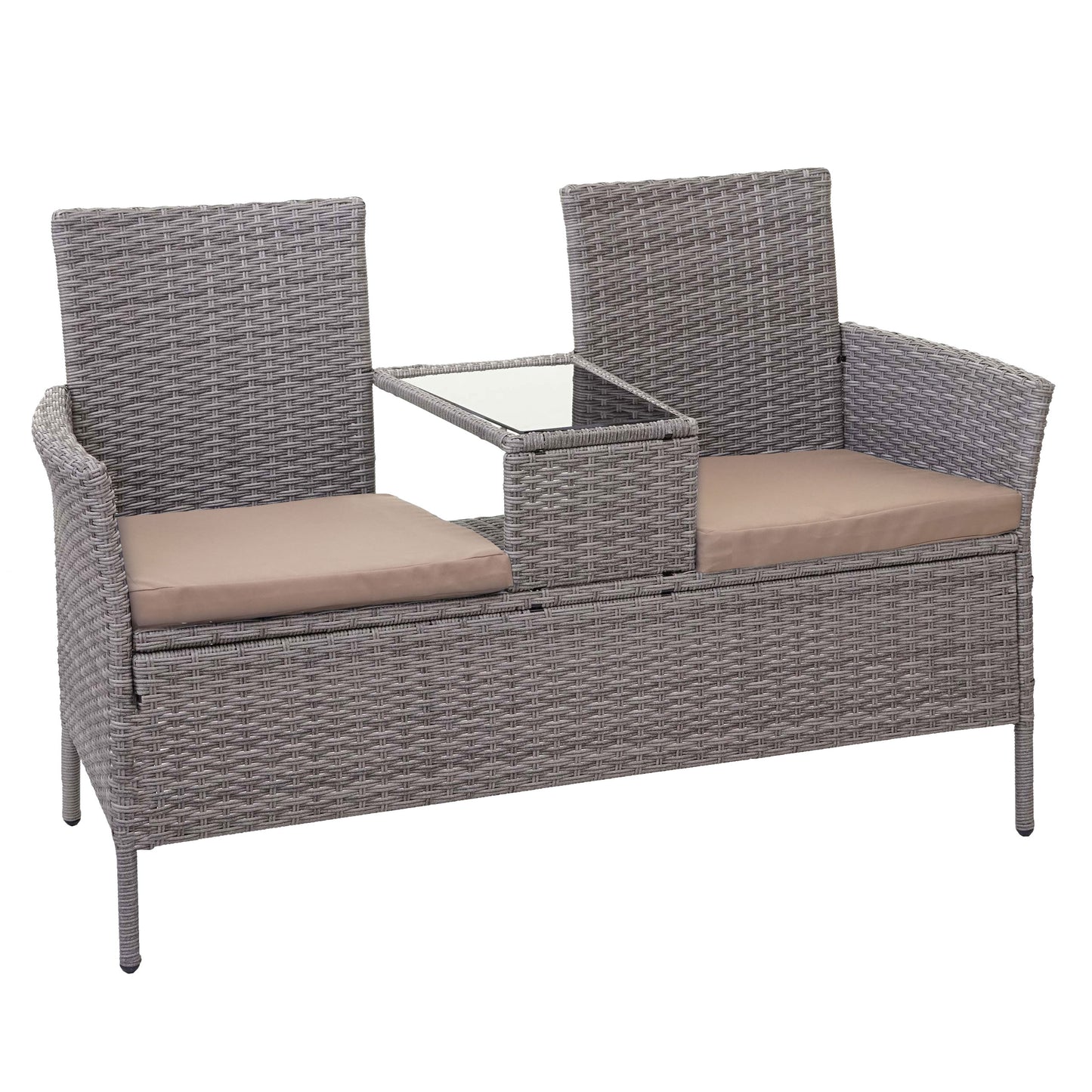 Poly-rattan bank met tafel MCW-E24, tuinbank zitgroep tuinbank, 132cm ~ grijs, kussens crème