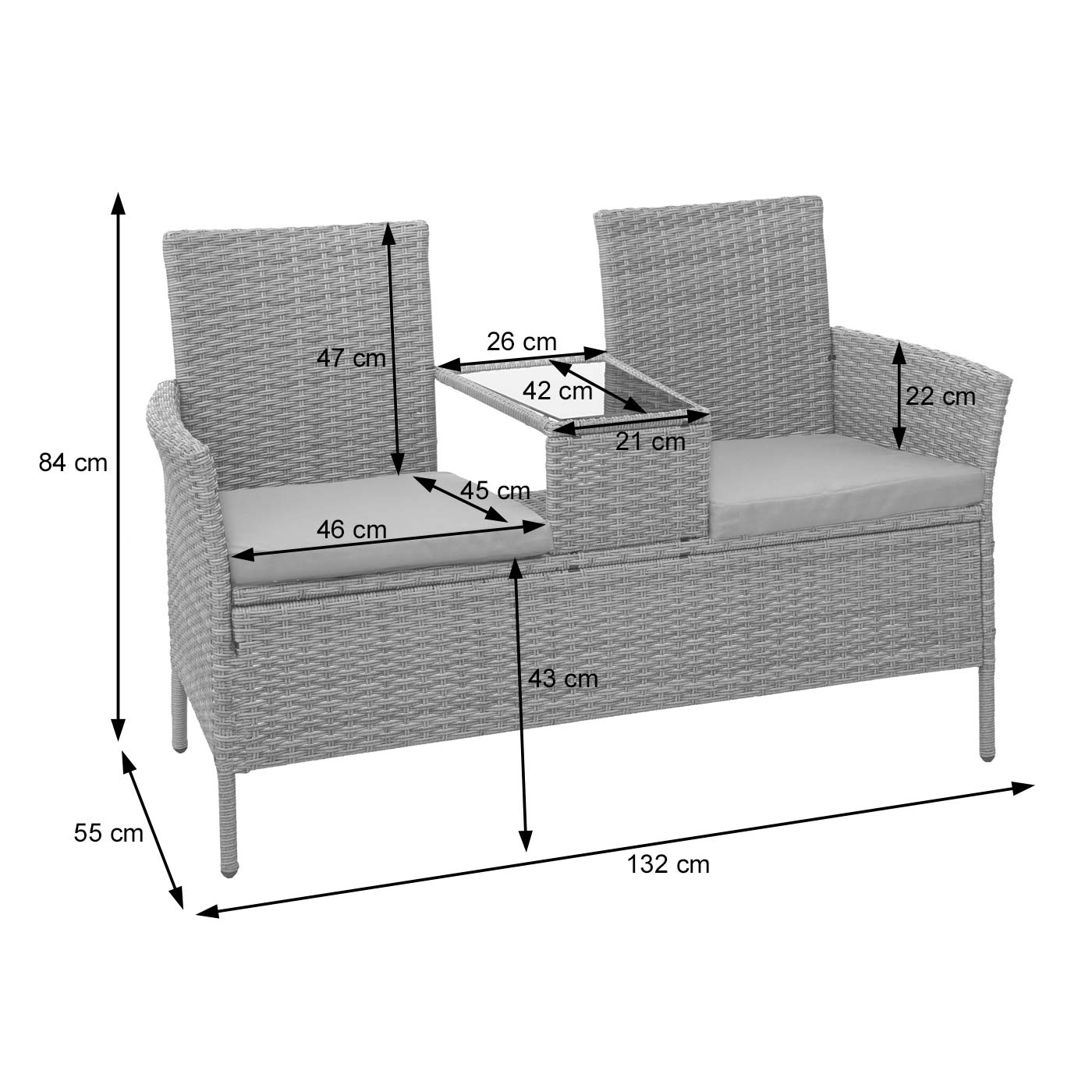 Poly-rattan bank met tafel MCW-E24, tuinbank zitgroep tuinbank, 132cm ~ zwart, terracotta kussens