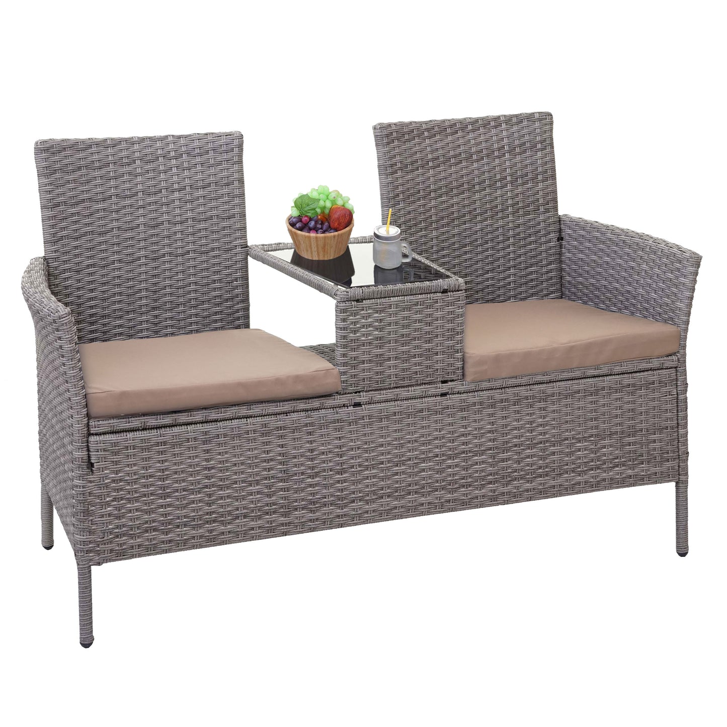 Poly-rattan bank met tafel MCW-E24, tuinbank zitgroep tuinbank, 132cm ~ grijs, kussens crème