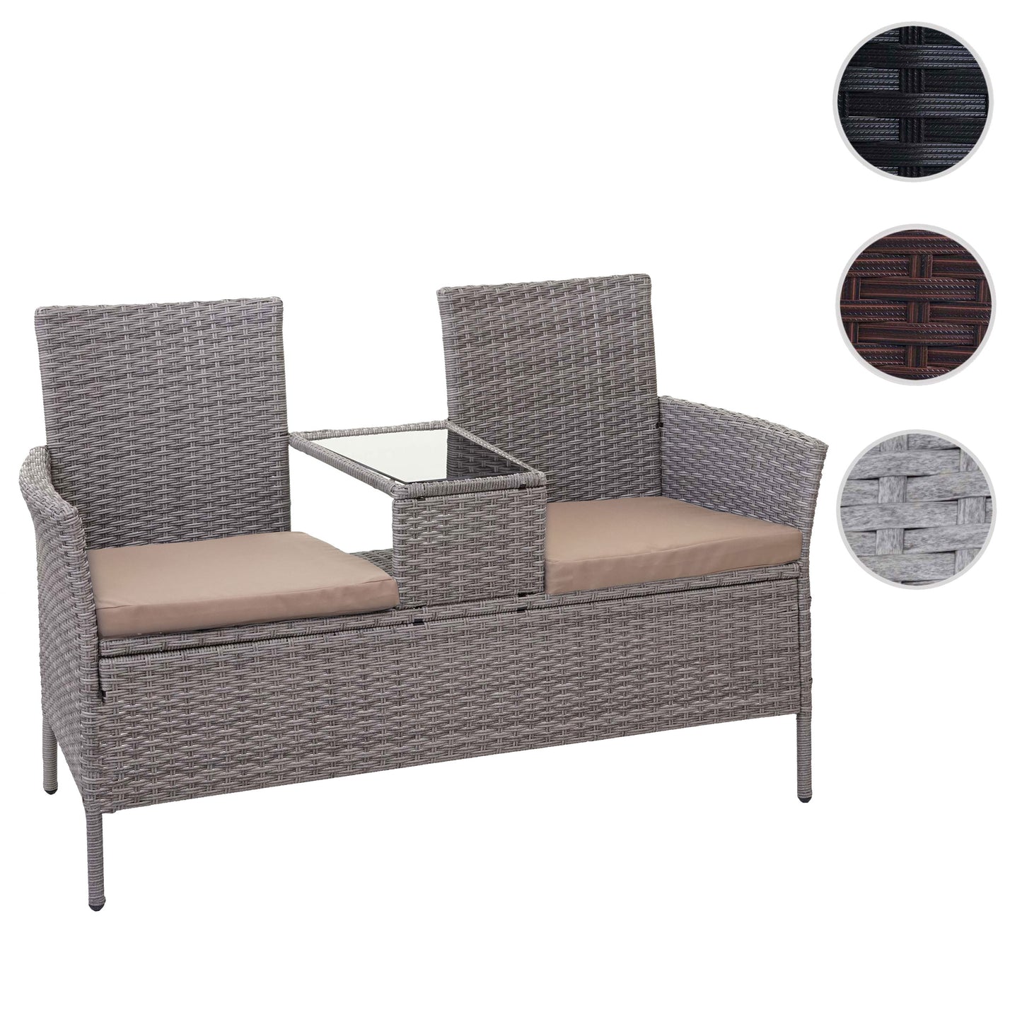 Poly-rattan bank met tafel MCW-E24, tuinbank zitgroep tuinbank, 132cm ~ grijs, kussens crème