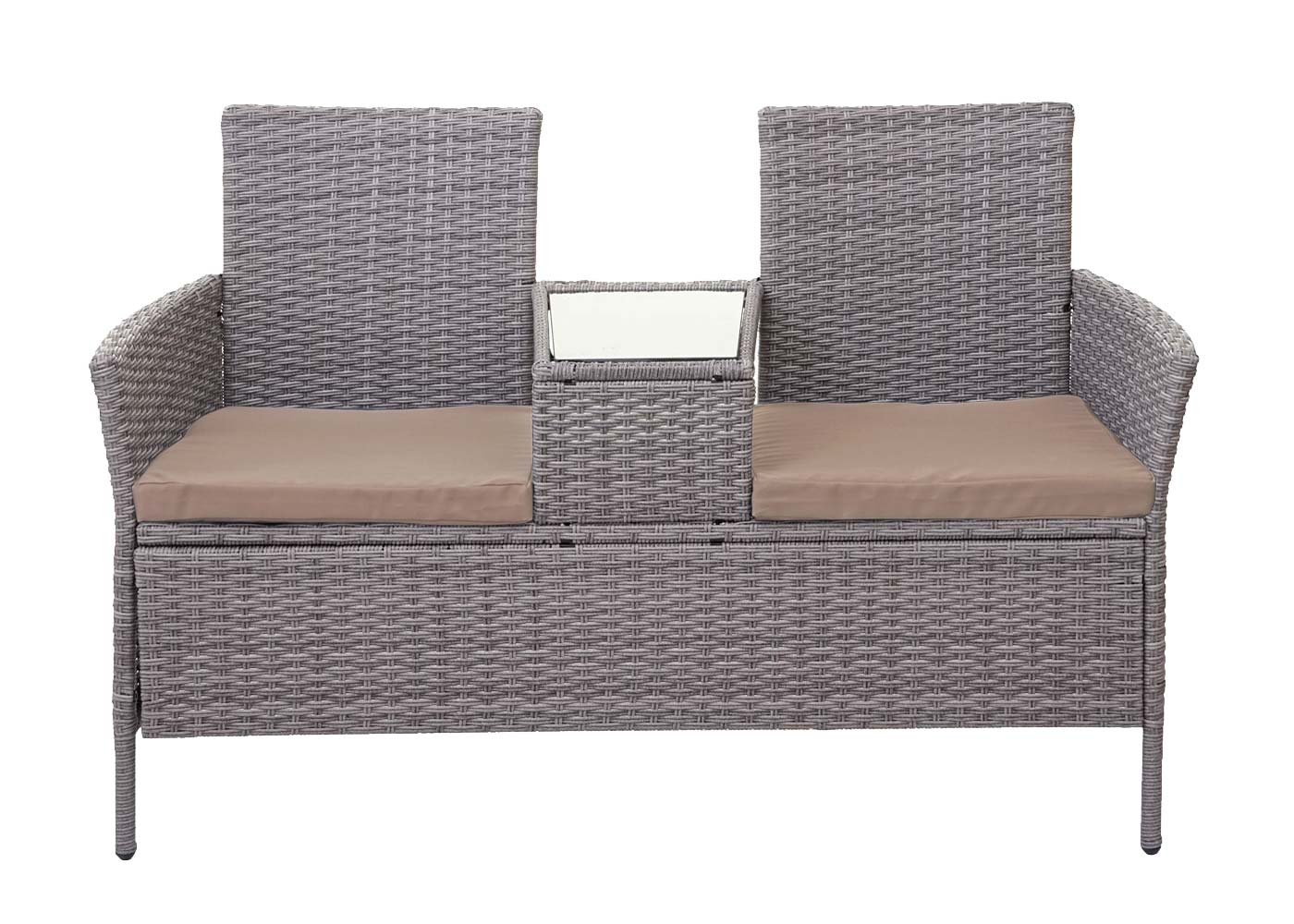 Poly-rattan bank met tafel MCW-E24, tuinbank zitgroep tuinbank, 132cm ~ grijs, kussens crème