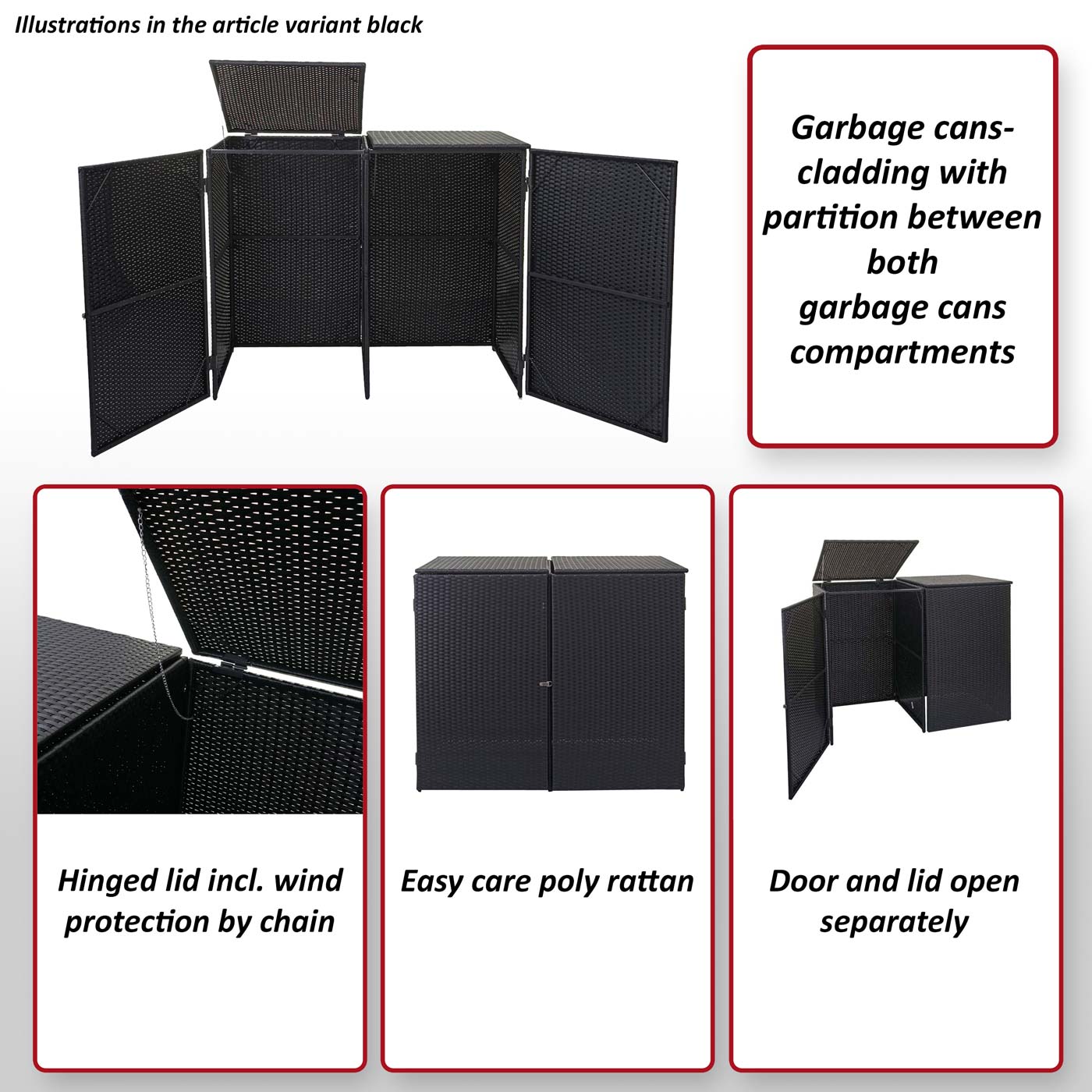 2-bins afvalbak deksel MCW-E25, afvalbak deksel afvalbak, poly rattan 2x120l ~ grijs