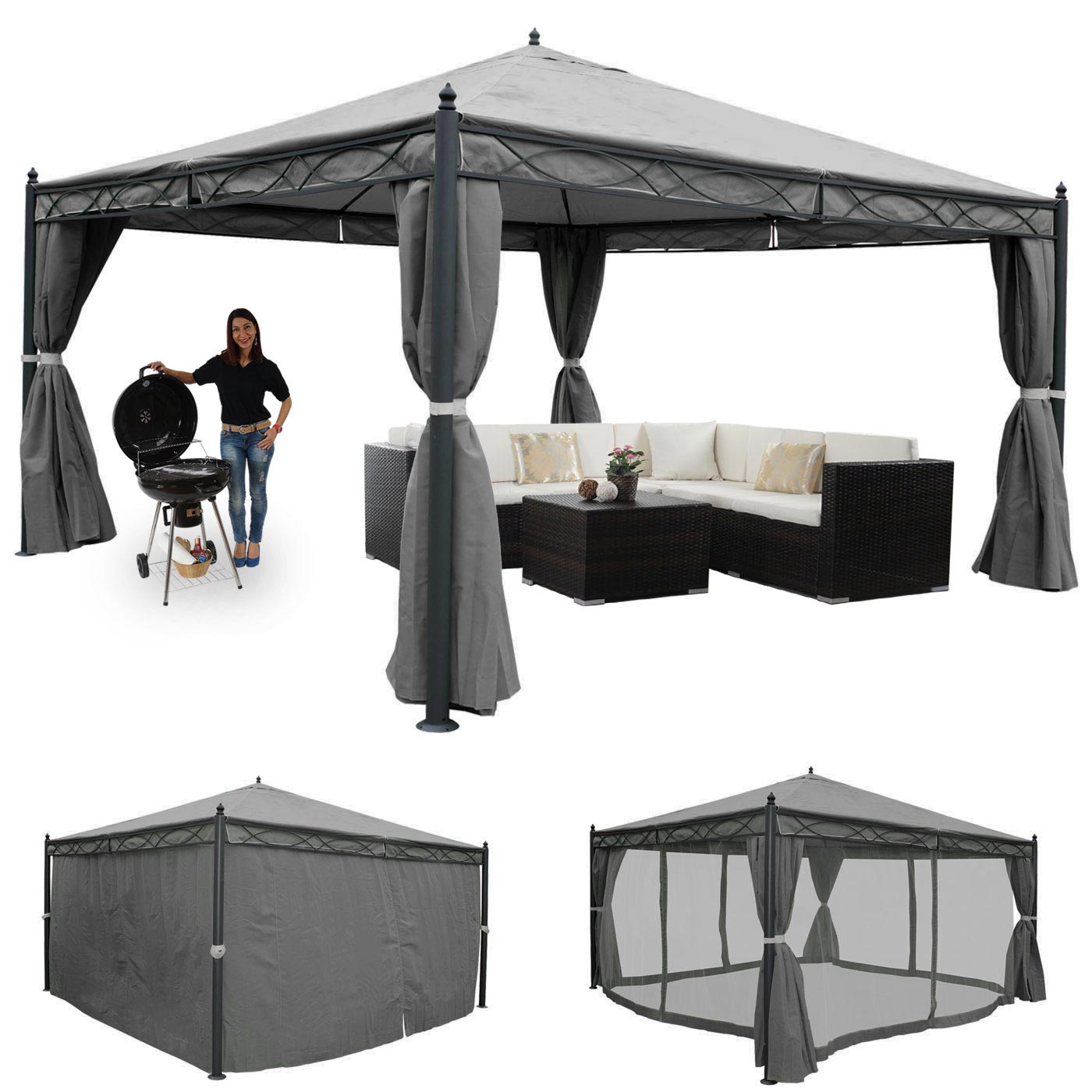 Pergola Cadiz, tuinpaviljoen, stevig 7cm frame met zijwand + muggengaas ~ grijs 4x4m