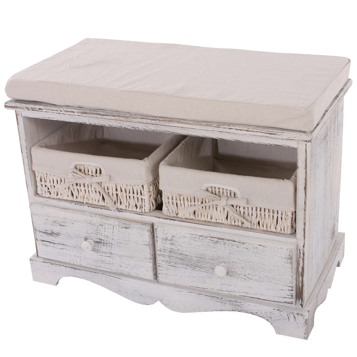 Bank ladekast met 2 manden 42x62x33cm, shabby look, vintage ~ wit