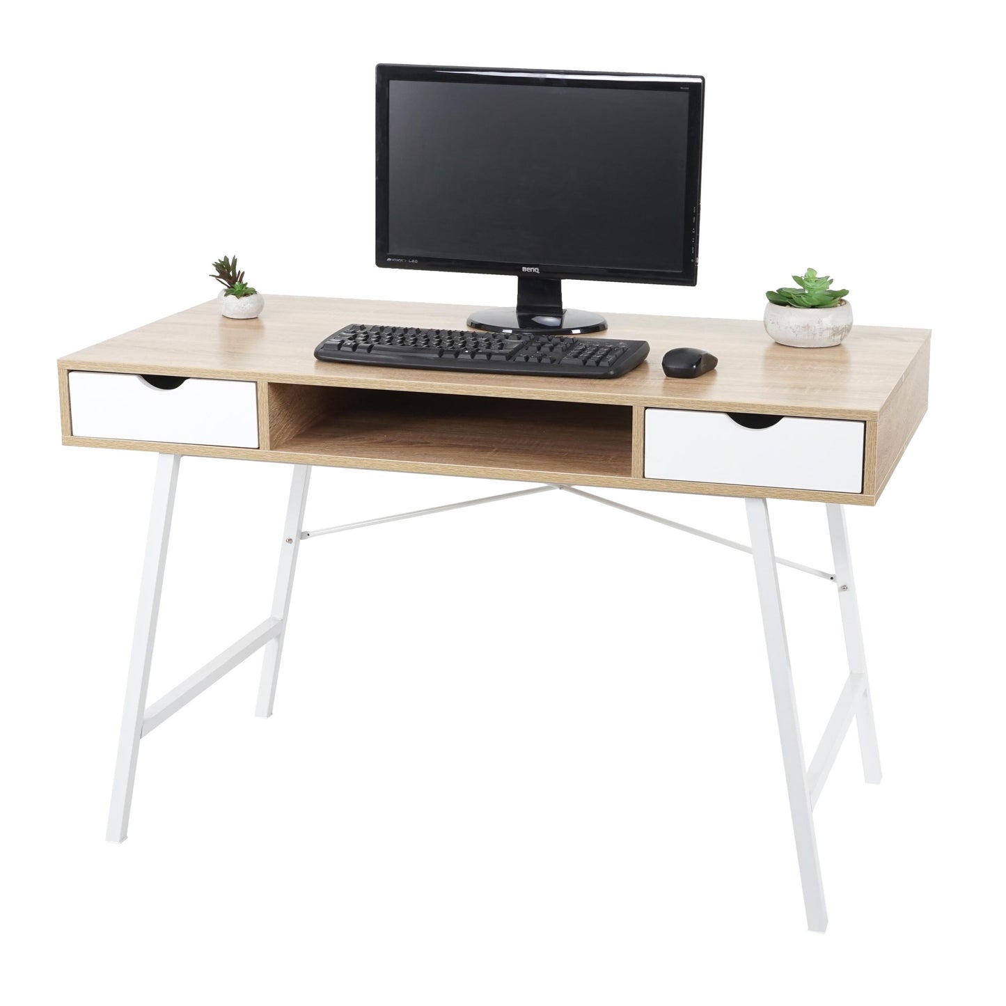 Bureau MCW-E92, bureau computerbureau, 3D structuur 120x60cm ~ natuurlijk bruin wit