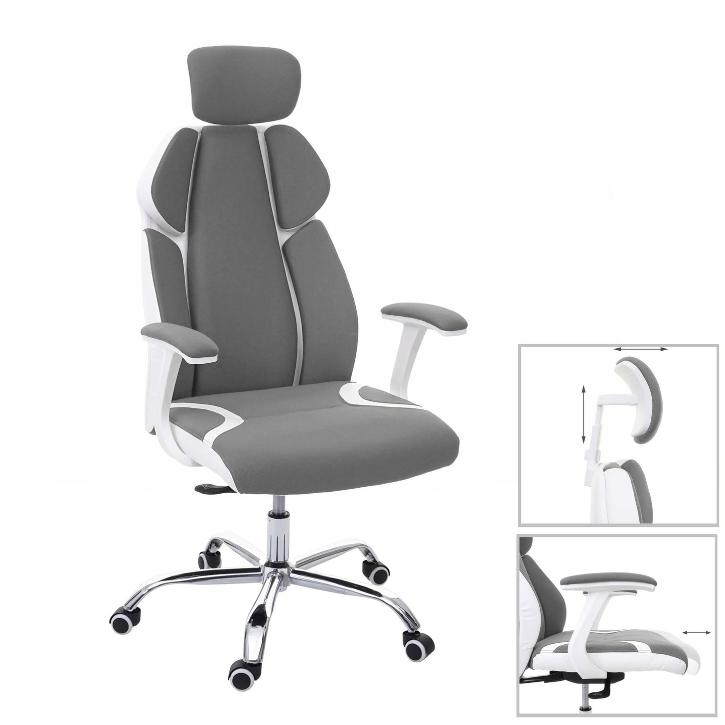 Bureaustoel MCW-F12, bureaustoel draaistoel racestoel, schuiffunctie stof/textiel + kunstleer ~ grijs/wit