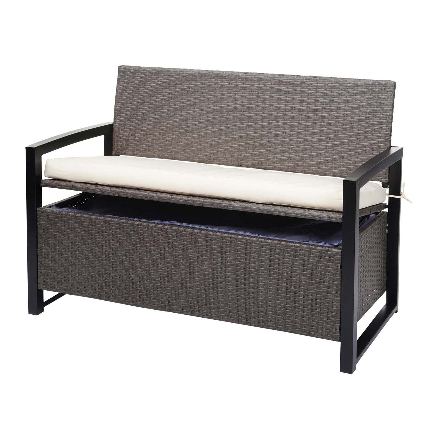 Poly-rattan 2-zitsbank MCW-F39, tuinbank kistbank, opbergvak opbergkussens zitting ~ grijs-gemêleerd, kussens crème