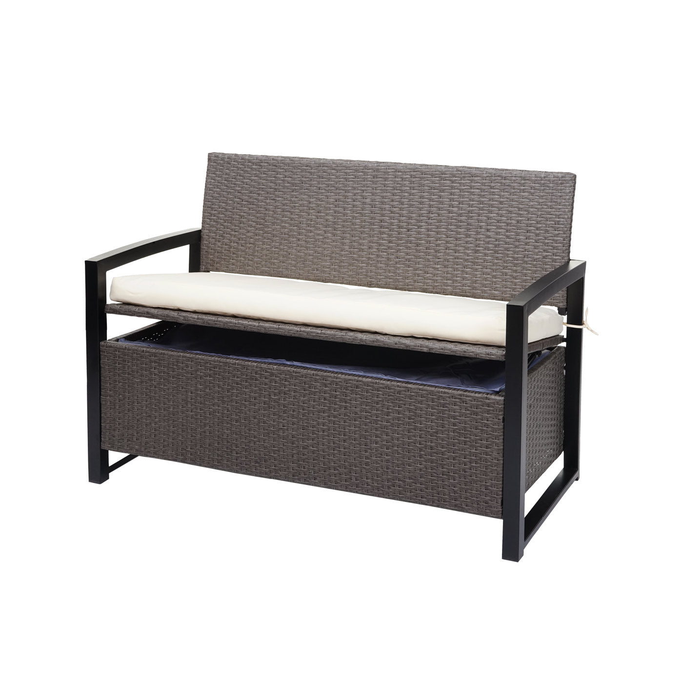Poly-rattan 2-zitsbank MCW-F39, tuinbank kistbank, opbergvak opbergkussens zitting ~ grijs-gemêleerd, kussens crème