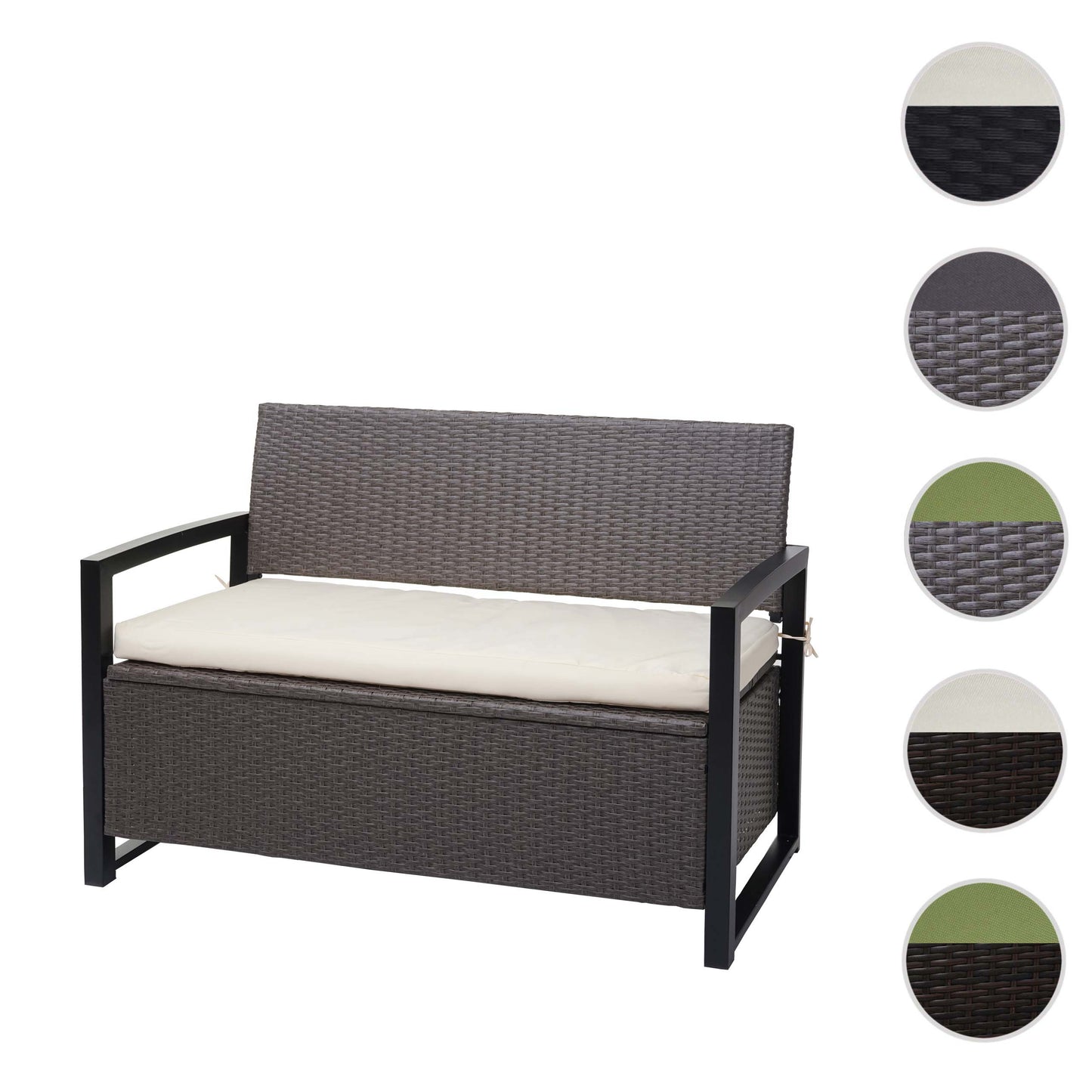 Poly-rattan 2-zitsbank MCW-F39, tuinbank kistbank, opbergvak opbergkussens zitting ~ grijs-gemêleerd, kussens crème