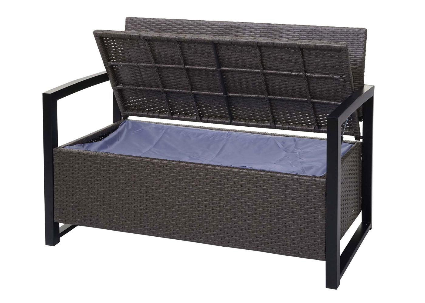 Poly-rattan 2-zitsbank MCW-F39, tuinbank kistbank, opbergvak opbergkussens zitting ~ grijs-gevlamd, grijze kussens