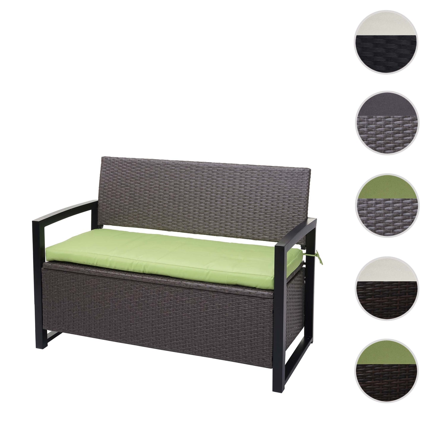 Poly-rattan 2-zitsbank MCW-F39, tuinbank kistbank, opbergvak opbergkussens zitting ~ grijs-gemêleerd, kussens groen