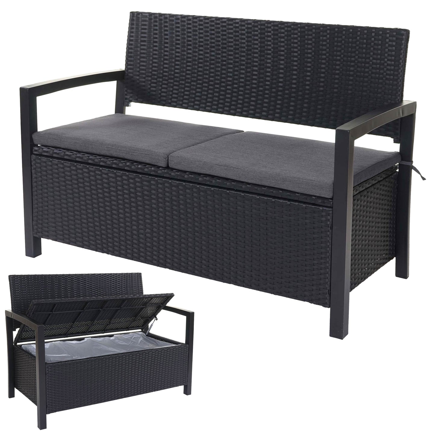 Poly-rattan 2-zitsbank MCW-F39, tuinbank kistbank, opbergvak opbergkussens zitting ~ grijs-gevlamd, grijze kussens