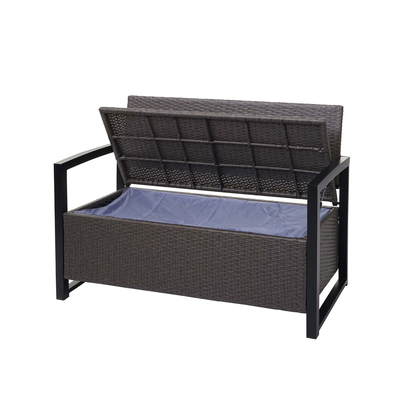 Poly-rattan 2-zitsbank MCW-F39, tuinbank kistbank, opbergvak opbergkussens zitting ~ grijs-gevlamd, grijze kussens
