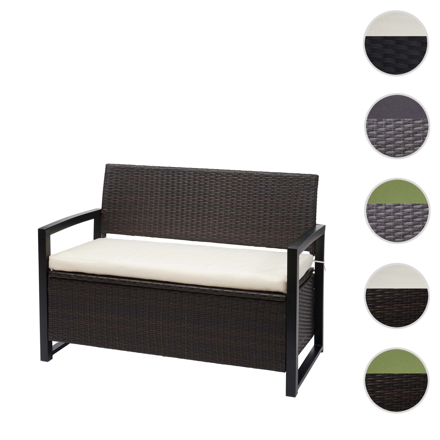 Poly-rattan 2-zitsbank MCW-F39, tuinbank kistbank, opbergvak zitkussens ~ bruin, kussens crème