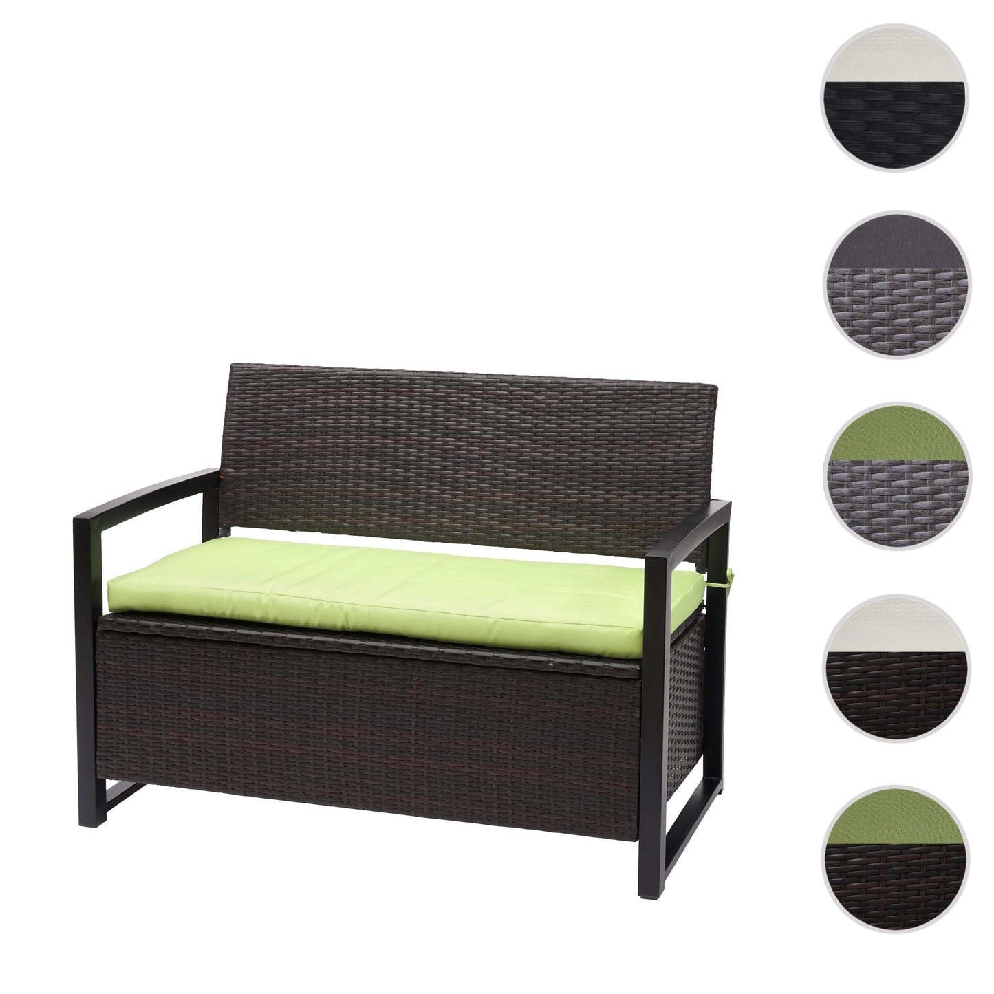 Poly-rattan 2-zitsbank MCW-F39, tuinbank kistbank, opbergvak opberg zitkussen ~ bruin, kussen groen