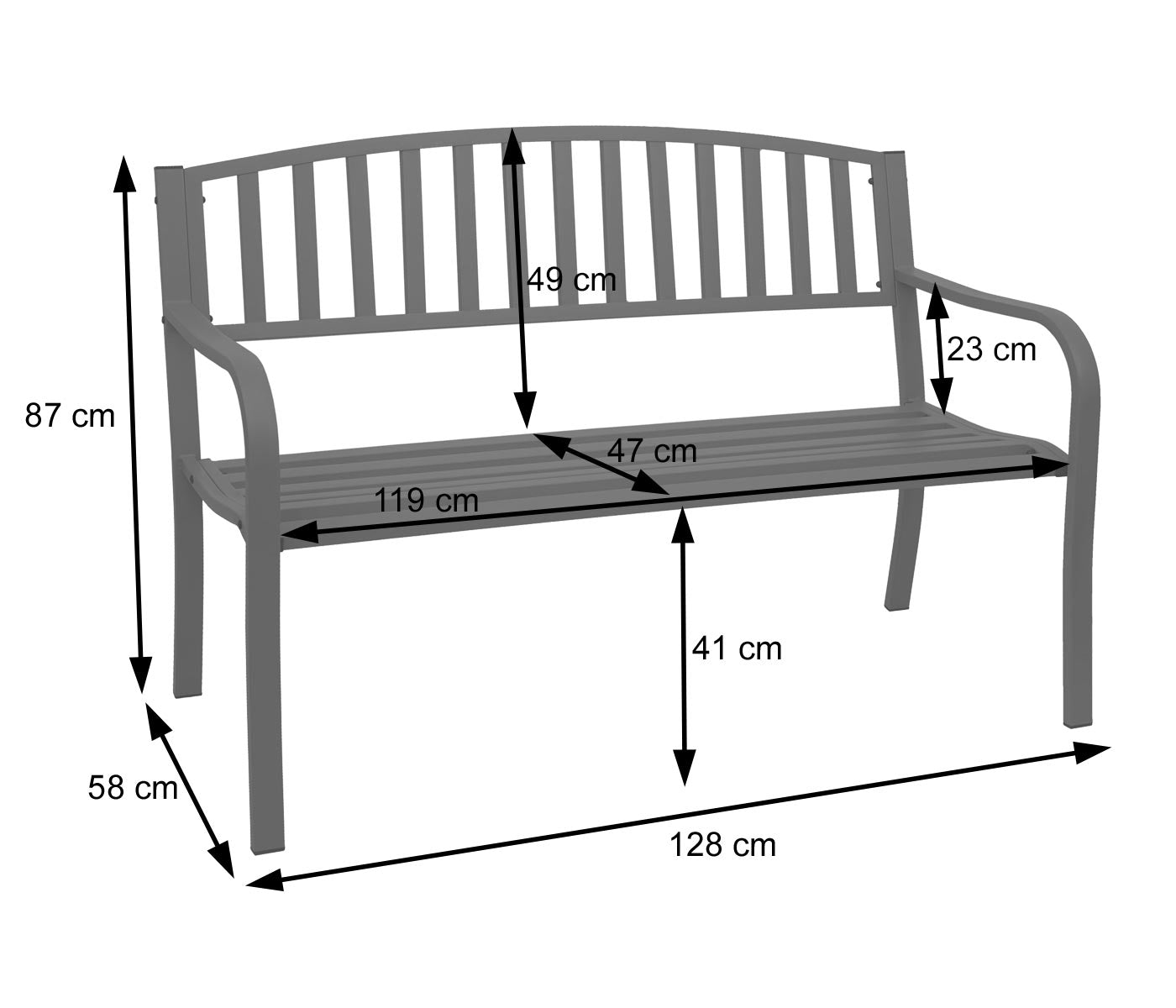 Tuinbank MCW-F43, parkbank, 2-zits gepoedercoat staal ~ zwart