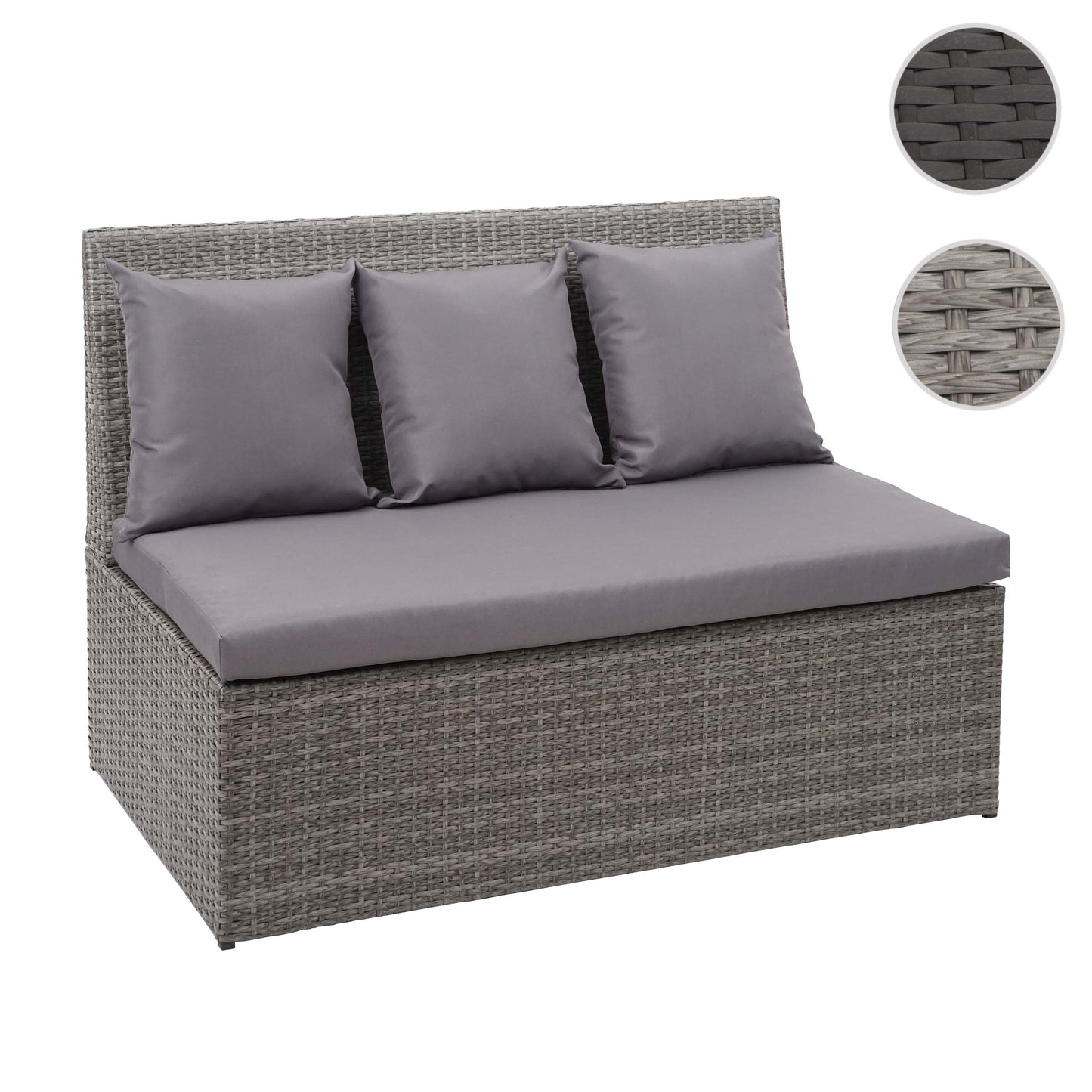Poly-rattan 2-zitsbank MCW-G16, lounge tuinbank fauteuil, gastronomie 120cm ~ grijs, donkergrijze kussens