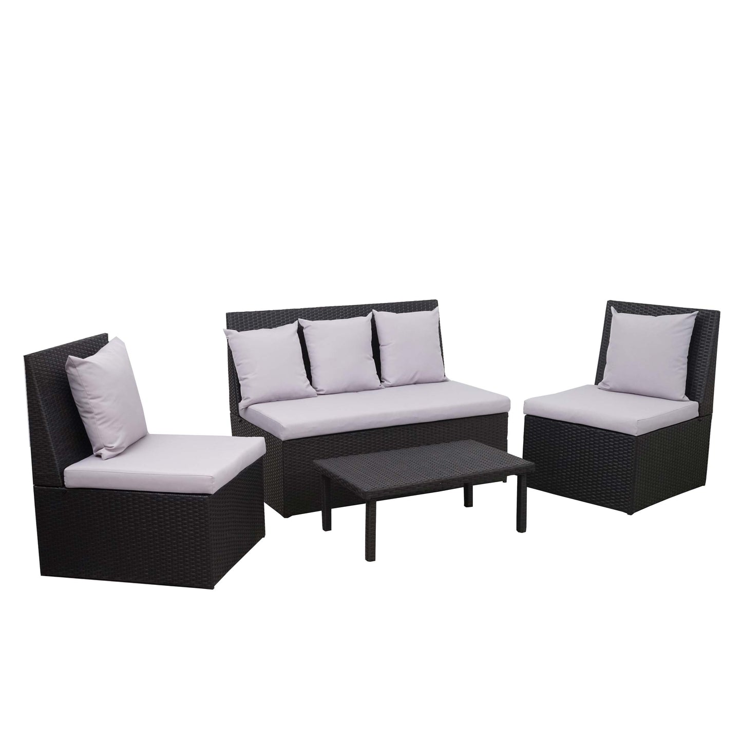 Poly-rattan set MCW-G16, tuin/lounge set, gastronomie 2-zitsbank 2xfauteuil salontafel ~ zwart, kussens lichtgrijs