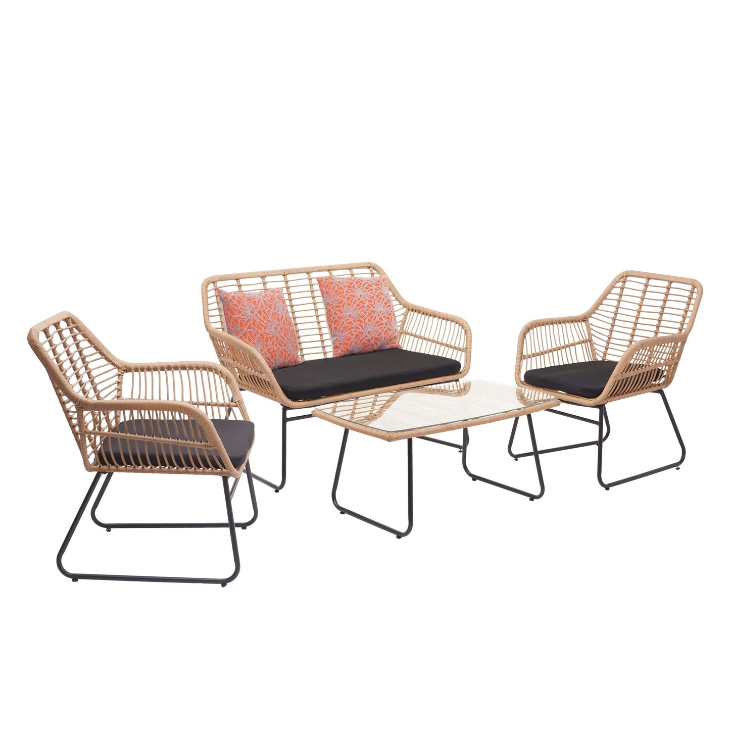 Polyrattan set MCW-G17a, tuinbankstel zitgroep stoel, touw ~ natuurlijke kleur, bekleding antraciet met sierkussens