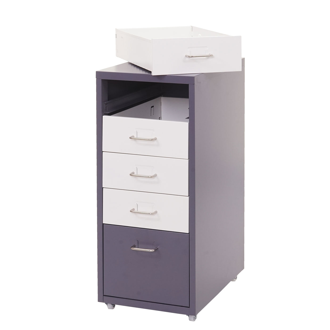 Trolley kast Boston T851, ladekast stalen kast, 69x28x41cm 5 laden ~ donkergrijs wit-donkergrijs