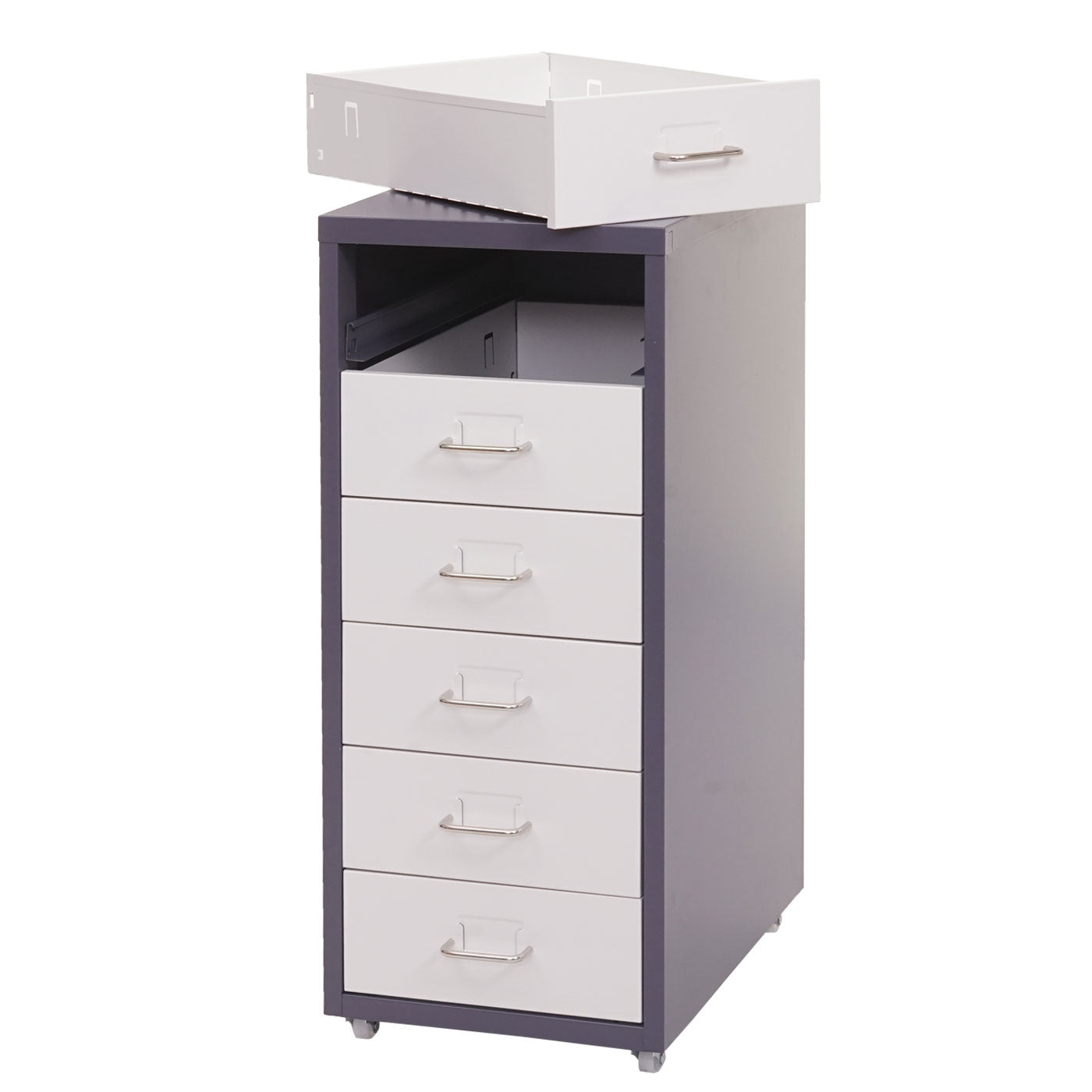 Verrijdbaar onderstel Boston T851, ladekast stalen kast, 69x28x41cm 6 laden ~ donkergrijs wit
