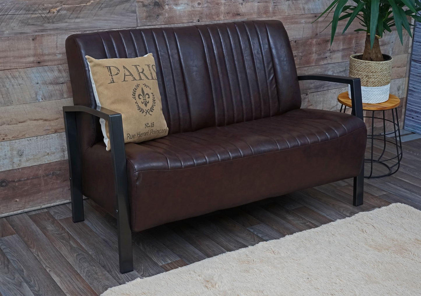 2-zitsbank MCW-H10, tweezitsbank, metalen kunstleren industrieel ontwerp ~ vintage bruin