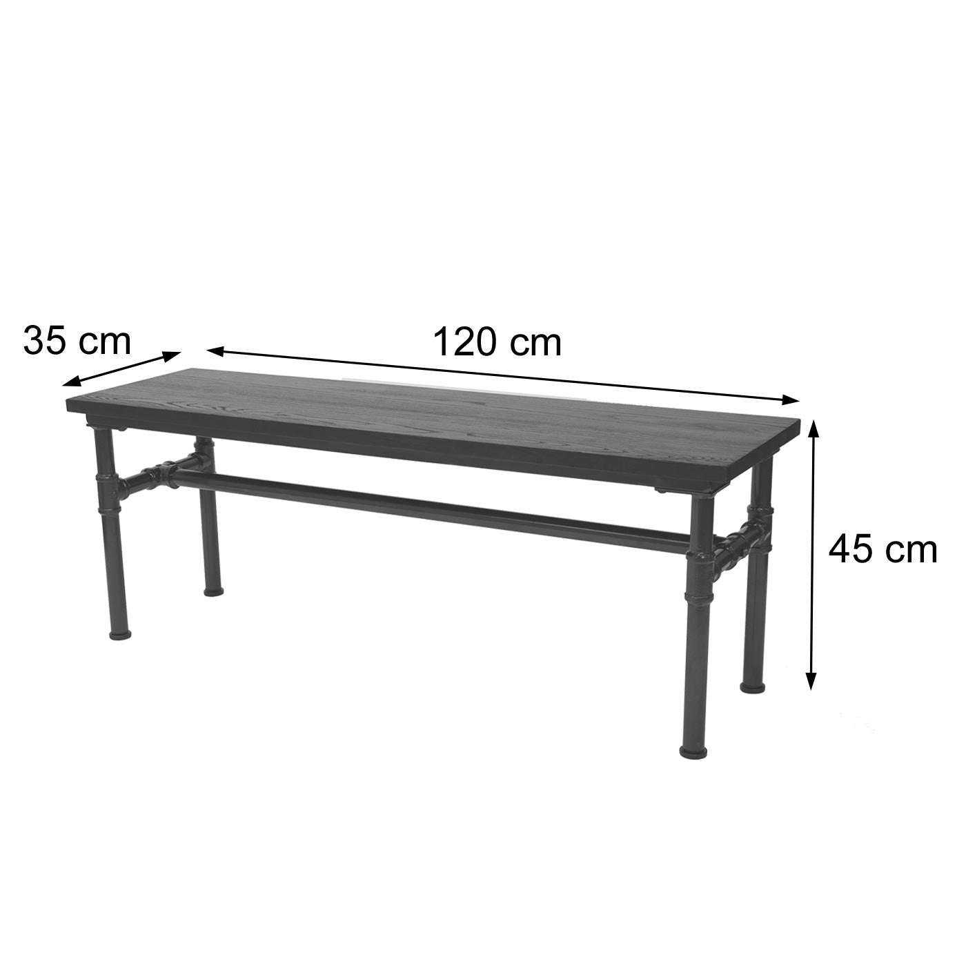 Bank MCW-H10b, eetkamerbank Bankkruk, iepenhouten industrieel ontwerp, 120x35cm MVG-gecertificeerd, zwartbruin
