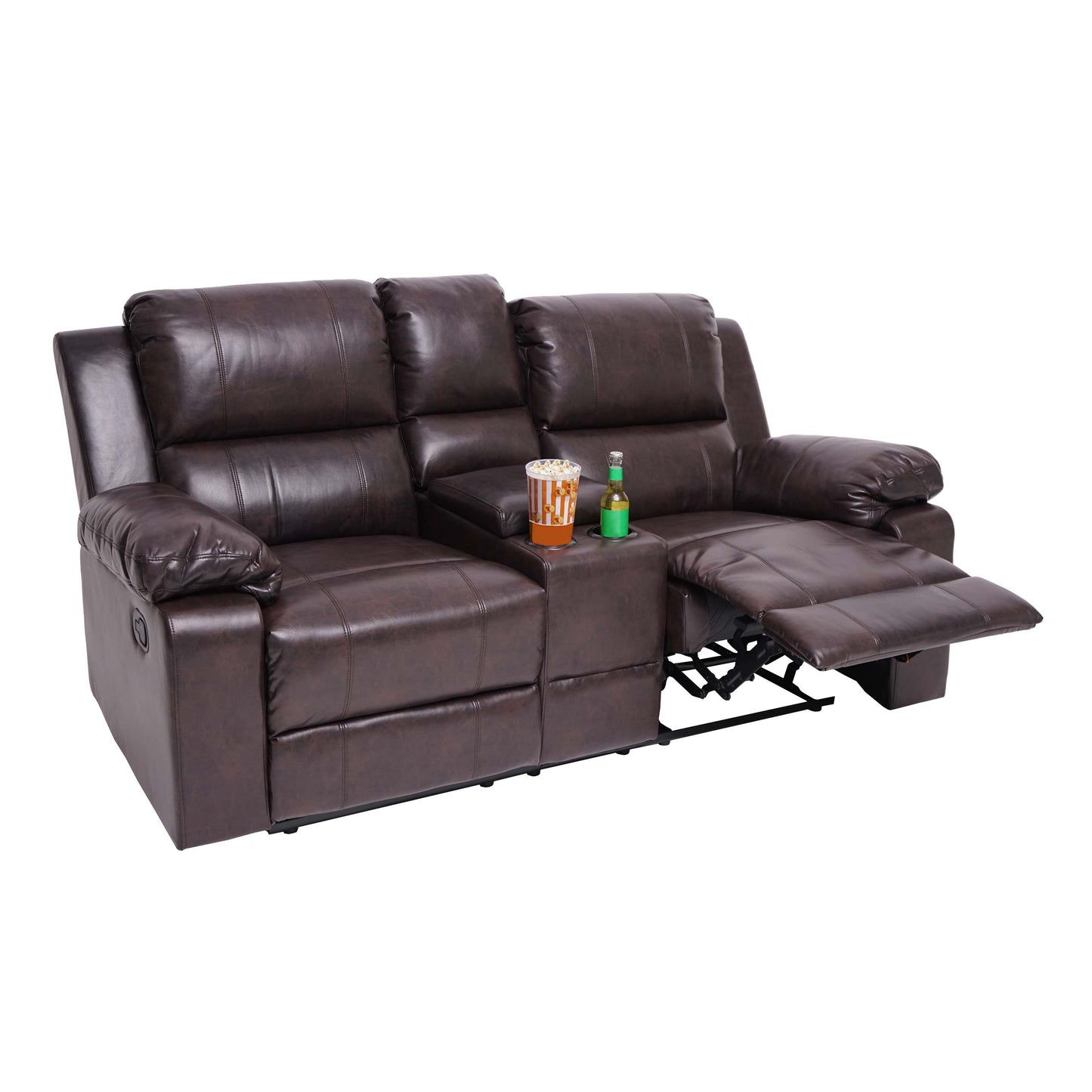 2-zits bioscoopfauteuil MCW-H29, relaxfauteuil TV-fauteuil 2-zits bank, bekerhouder Soft Touch kunstleer MVG ~ bruin