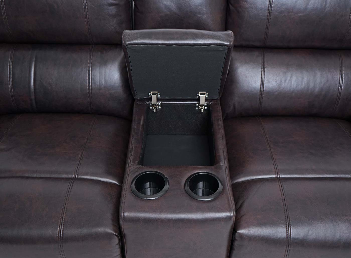 2-zits bioscoopfauteuil MCW-H29, relaxfauteuil TV-fauteuil 2-zits bank, bekerhouder Soft Touch kunstleer MVG ~ bruin