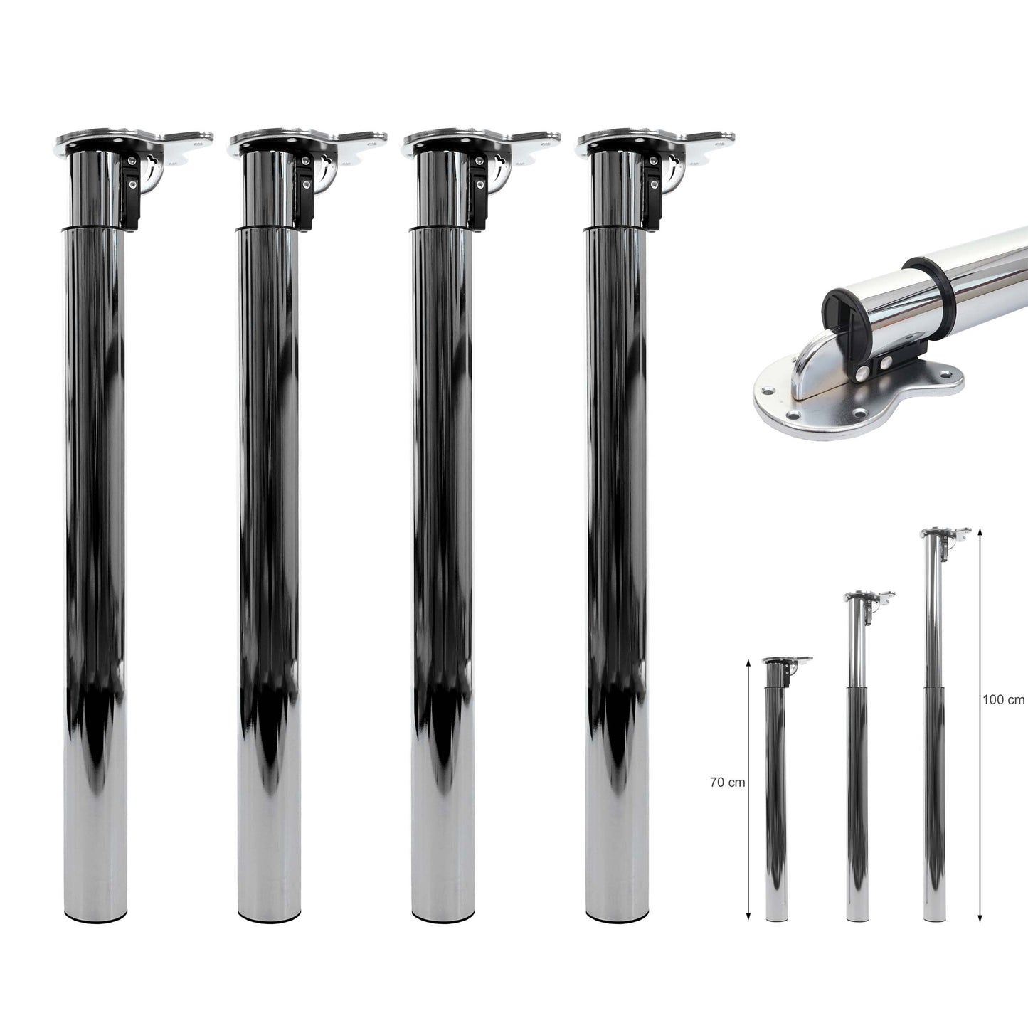 Set van 4 tafelpoten MCW-H35 voor bureau Tafelpoot inklapbaar draaimechanisme in hoogte verstelbaar 70-110cm ~ RVS look