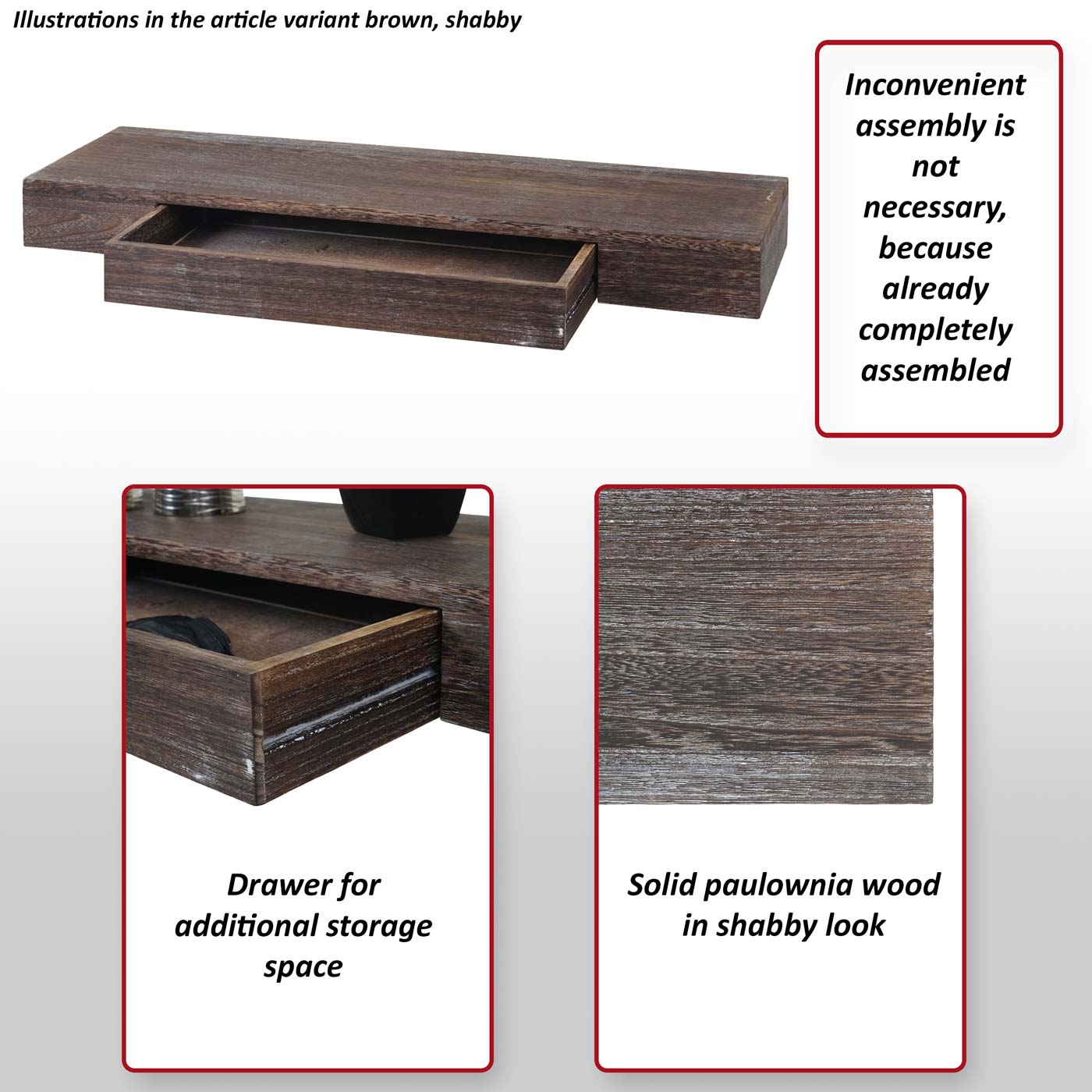 Wandplank MCW-H37, wandplank Hangende plank, lade massief hout 8x80x25cm ~ wit