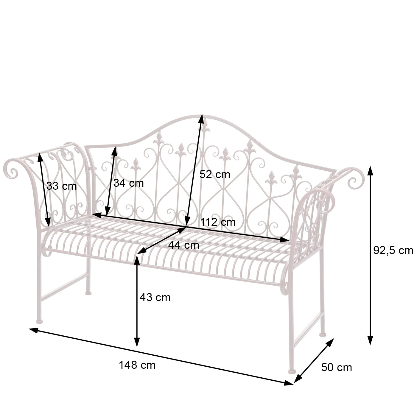 Tuinbank MCW-H78, parkbank, 2-zits metaal met ornamenten roest-look bruin 150cm ~ zonder zitkussen