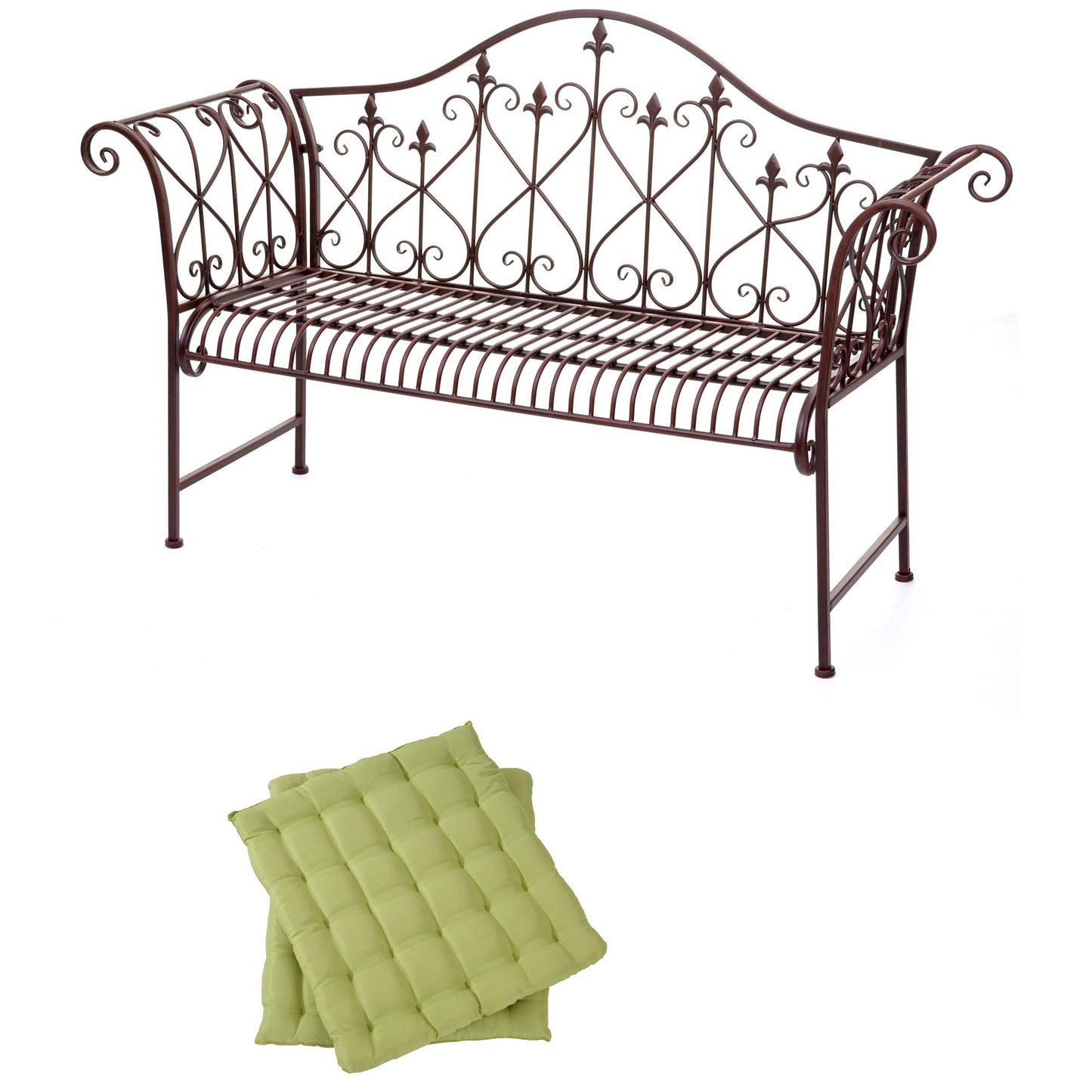 Tuinbank MCW-H78, parkbank, 2-zits metaal met ornamenten roest-look bruin 150cm ~ 2x zitkussen groen
