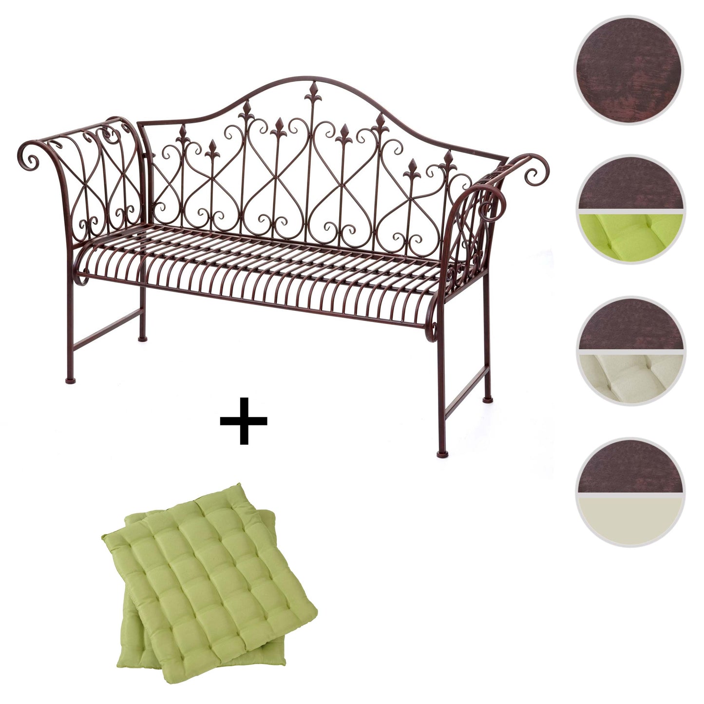 Tuinbank MCW-H78, parkbank, 2-zits metaal met ornamenten roest-look bruin 150cm ~ 2x zitkussen groen