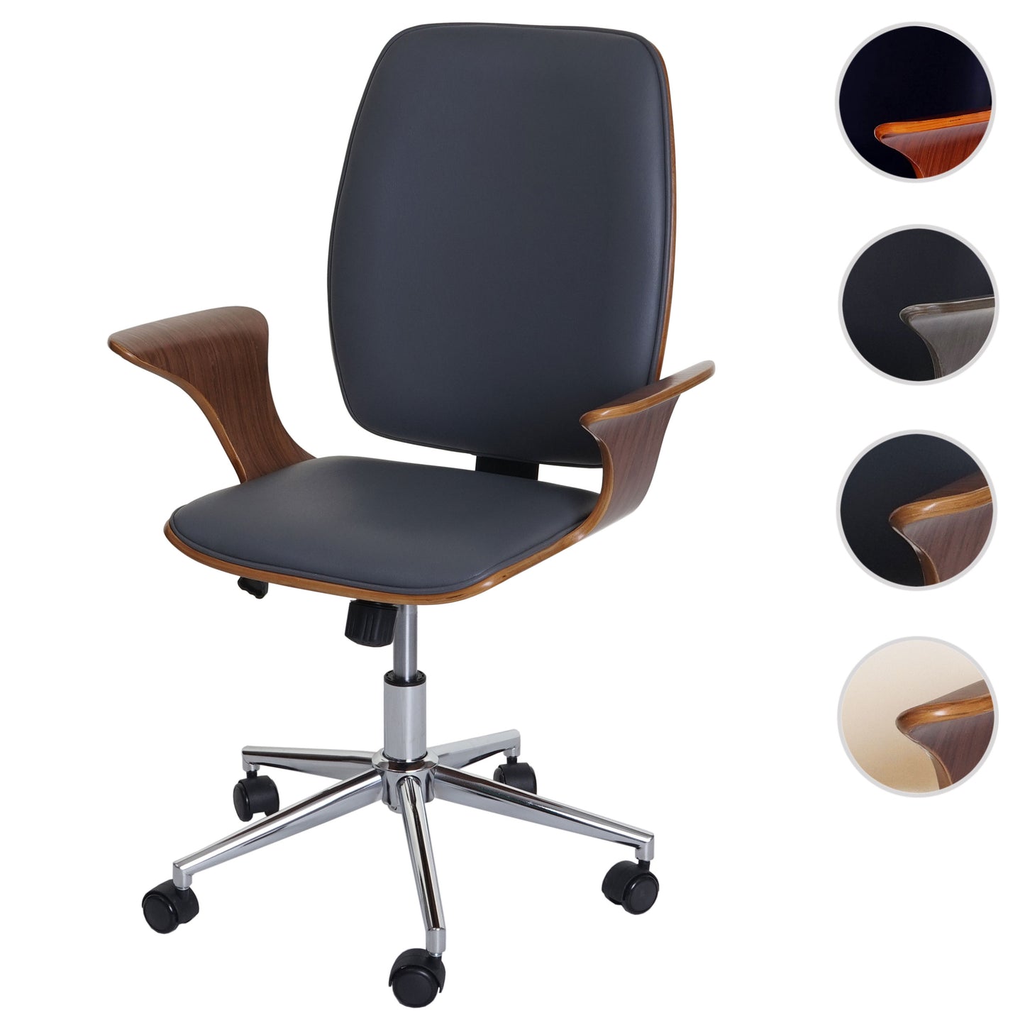 Bureaustoel MCW-C54, directiedraaistoel, gebogen hout kunstleer ~ walnoot look, grijze bekleding
