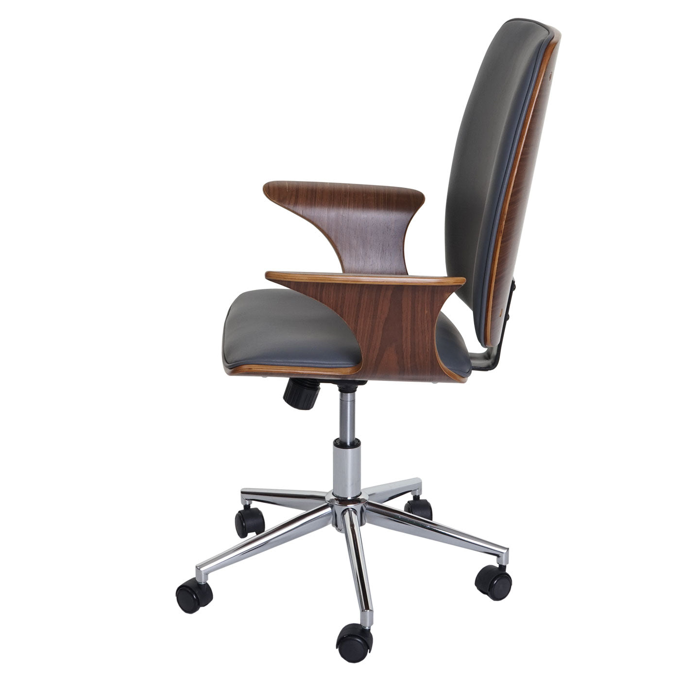 Bureaustoel MCW-C54, directiedraaistoel, gebogen hout kunstleer ~ walnoot look, grijze bekleding