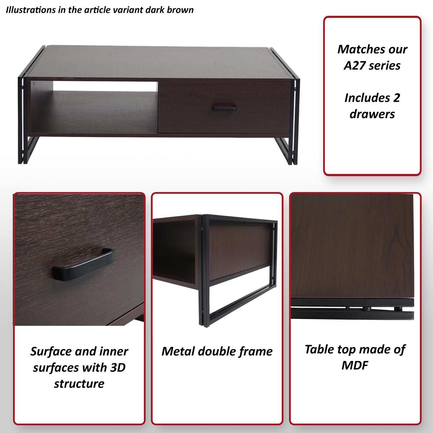 Salontafel MCW-A27, bijzettafel woonkamertafel, 41x120x60cm 3D structuur, metaal MDF ~ wilde eik look
