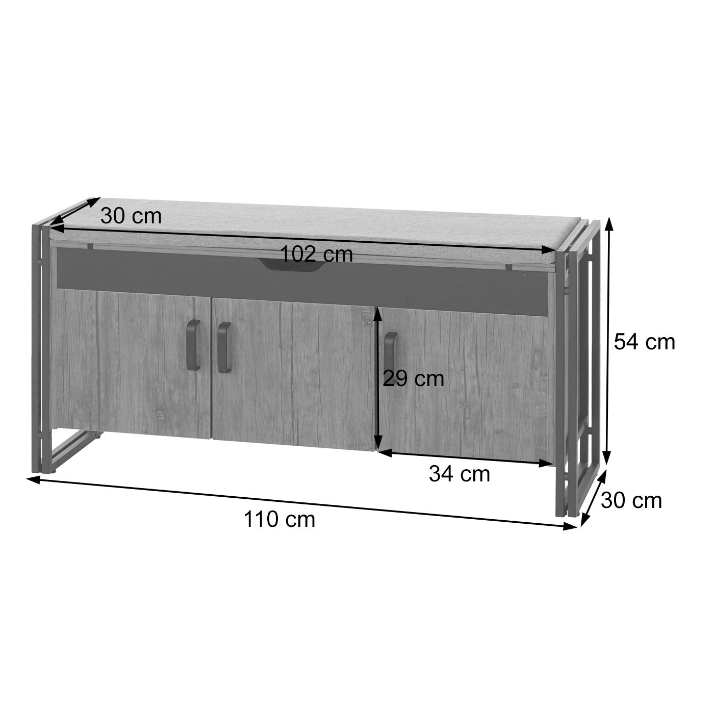 Schoenenkast met zitting MCW-A27, ladekast bank met kussens, 53x110x30cm 3D structuur metaal ~ donkerbruin