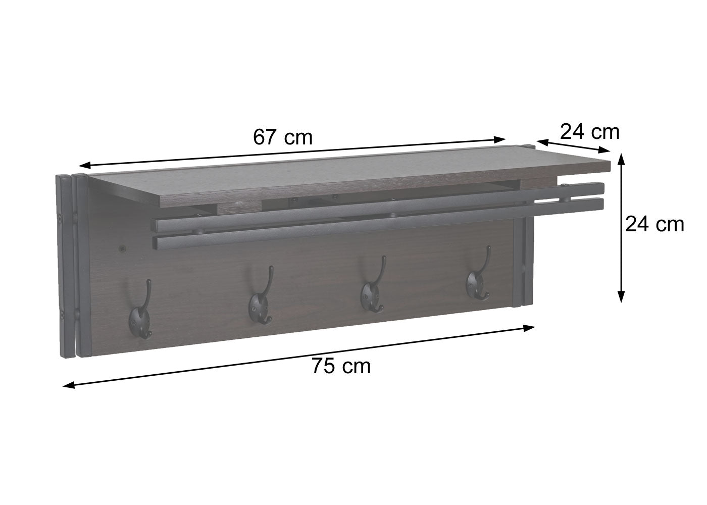 Wandkapstok MCW-A27, kapstokplank, 4 haken 24x75x24cm 3D structuur ~ donkerbruin