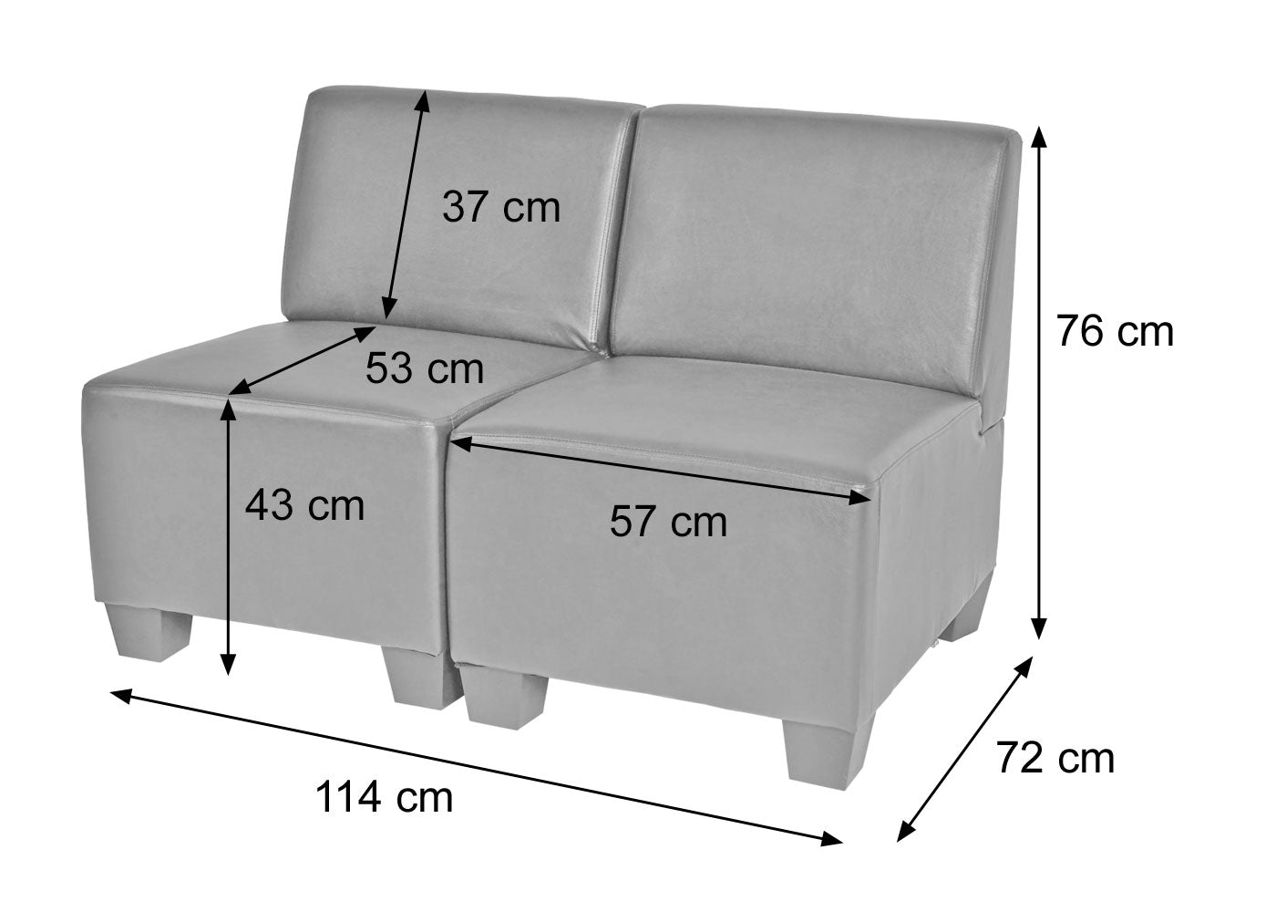 Modulaire 2-zitsbank Lyon, kunstleer ~ donkergrijs, zonder armleuningen