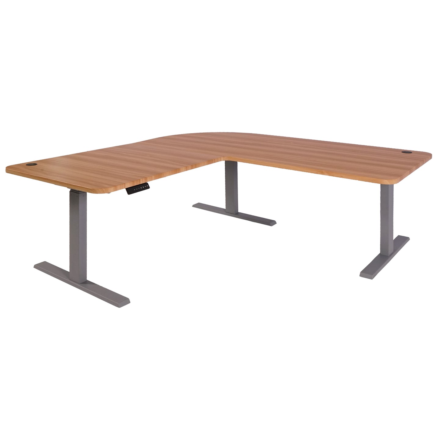 Hoekbureau MCW-D40, computerbureau elektrisch in hoogte verstelbaar 178x178cm 84kg MVG ~ eiken decor, grijs