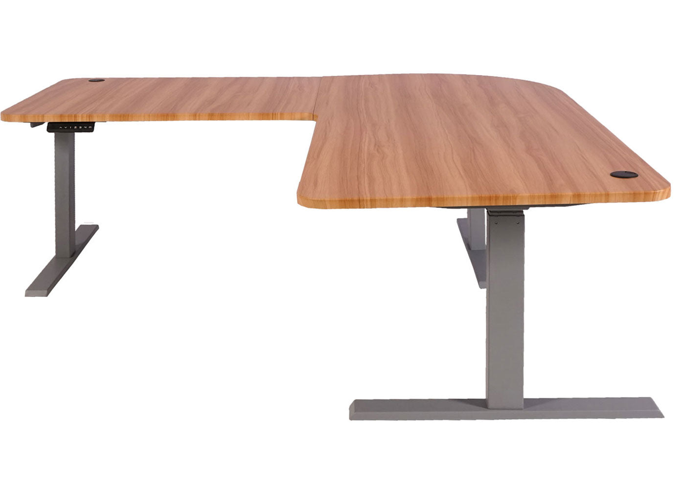 Hoekbureau MCW-D40, computerbureau elektrisch in hoogte verstelbaar 178x178cm 84kg MVG ~ eiken decor, grijs