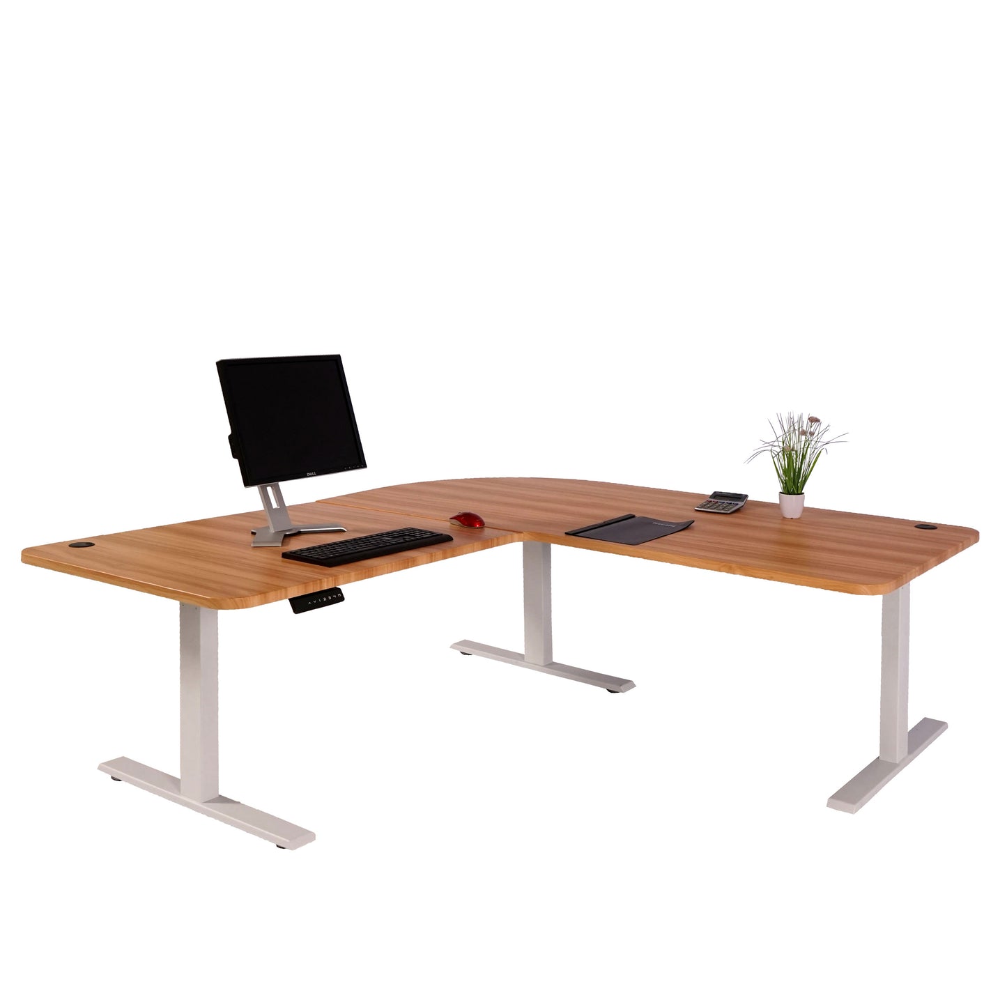 Hoekbureau MCW-D40, computerbureau elektrisch in hoogte verstelbaar 178x178cm 84kg MVG ~ eiken decor, wit